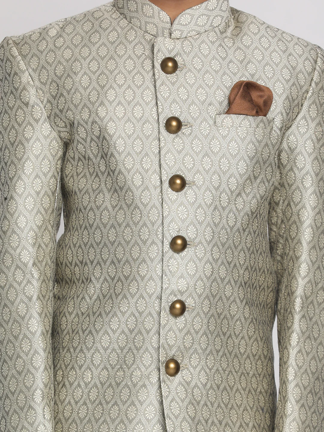 Boy's' Beige,Grey And Coffee Indowestern Sherwani And Cowl Dhoti Pant Set - Image 4