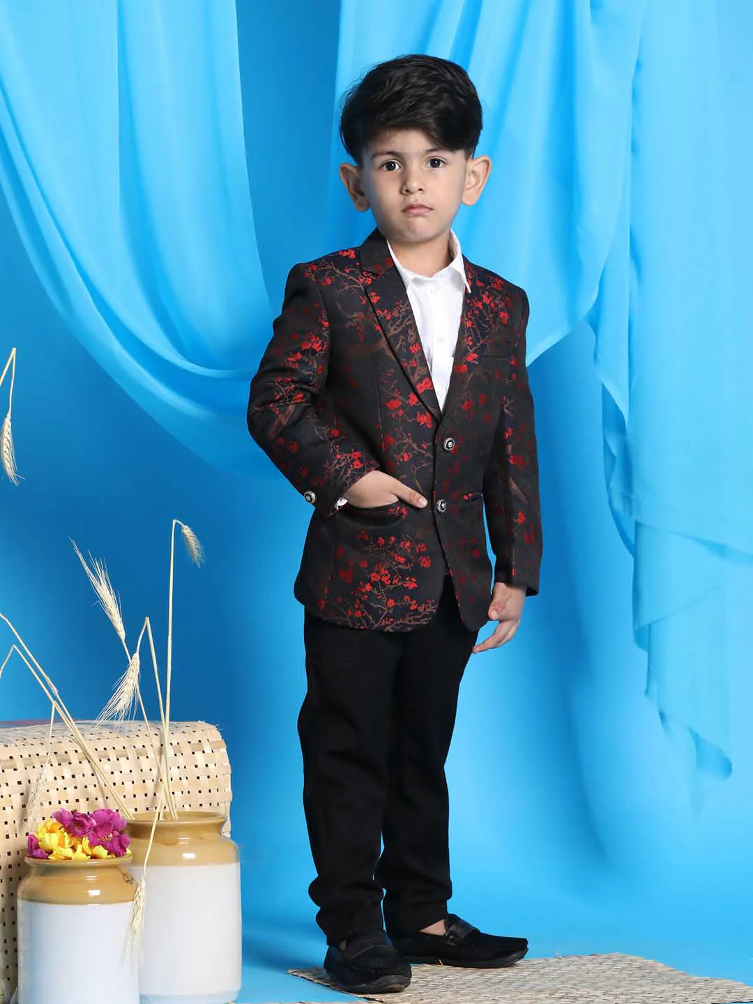 Boy's Black And Red Woven Design Blazer - Image 5