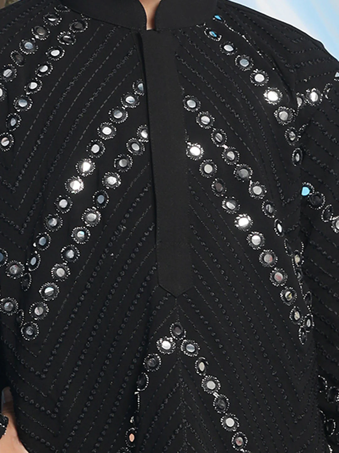 Boy's' Black Mirror Kurta Pyjama Set - Image 4