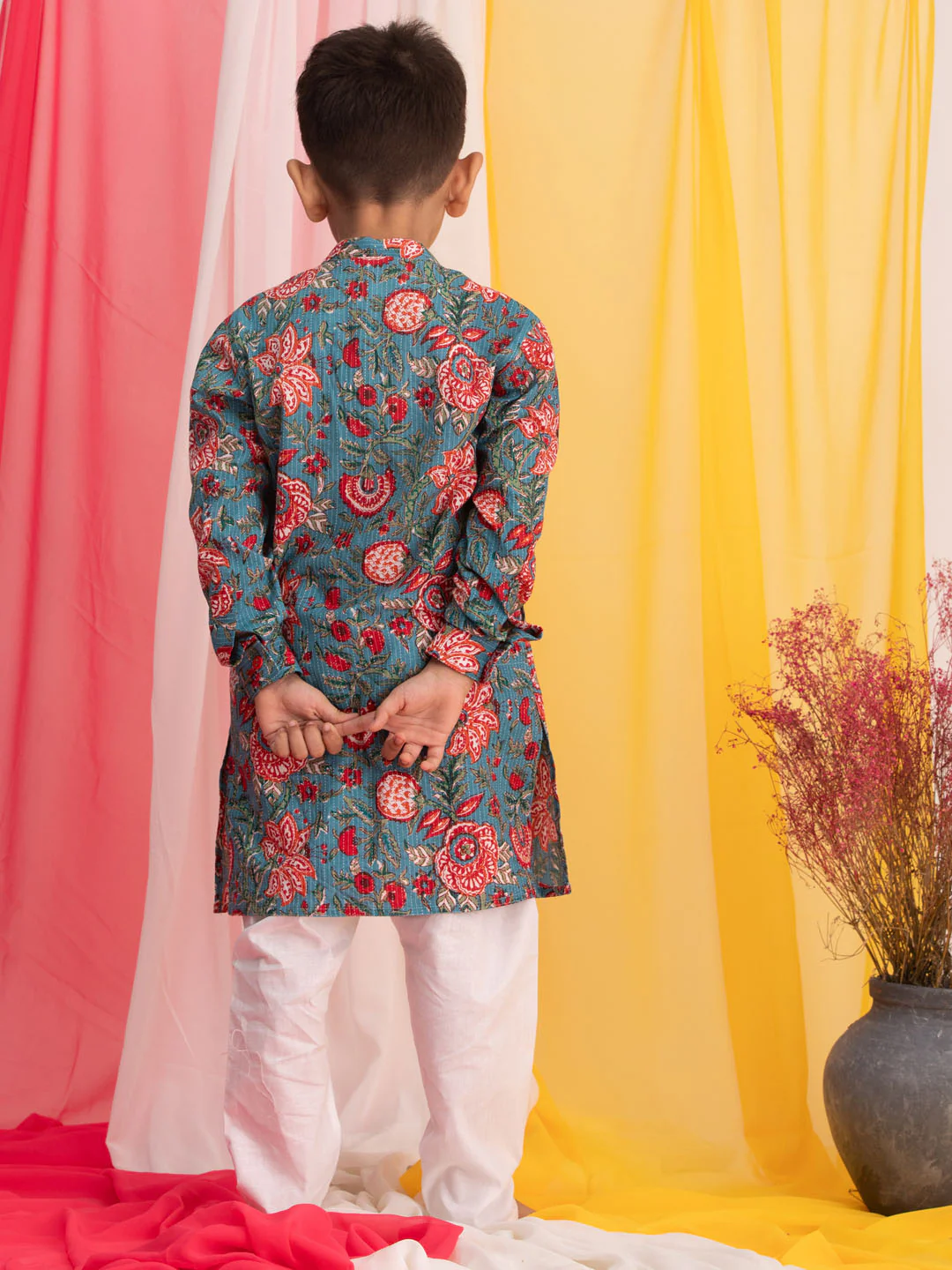 Boy's Blue Floral Print Front Open Kurta With Pyjama Set - Image 3