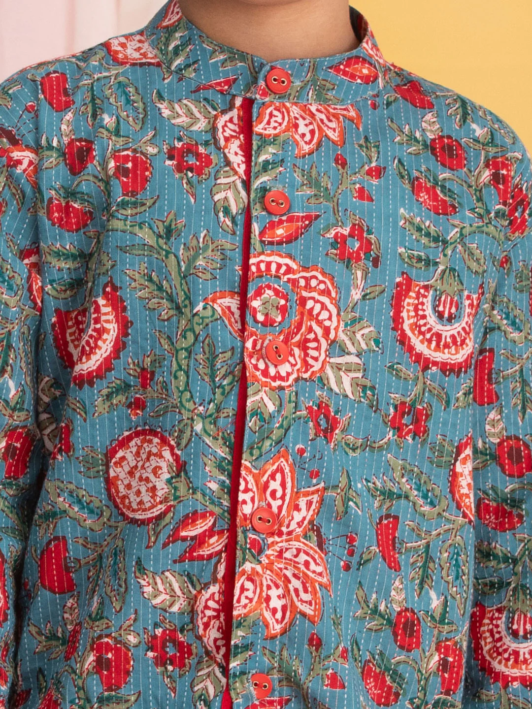Boy's Blue Floral Print Front Open Kurta With Pyjama Set - Image 4