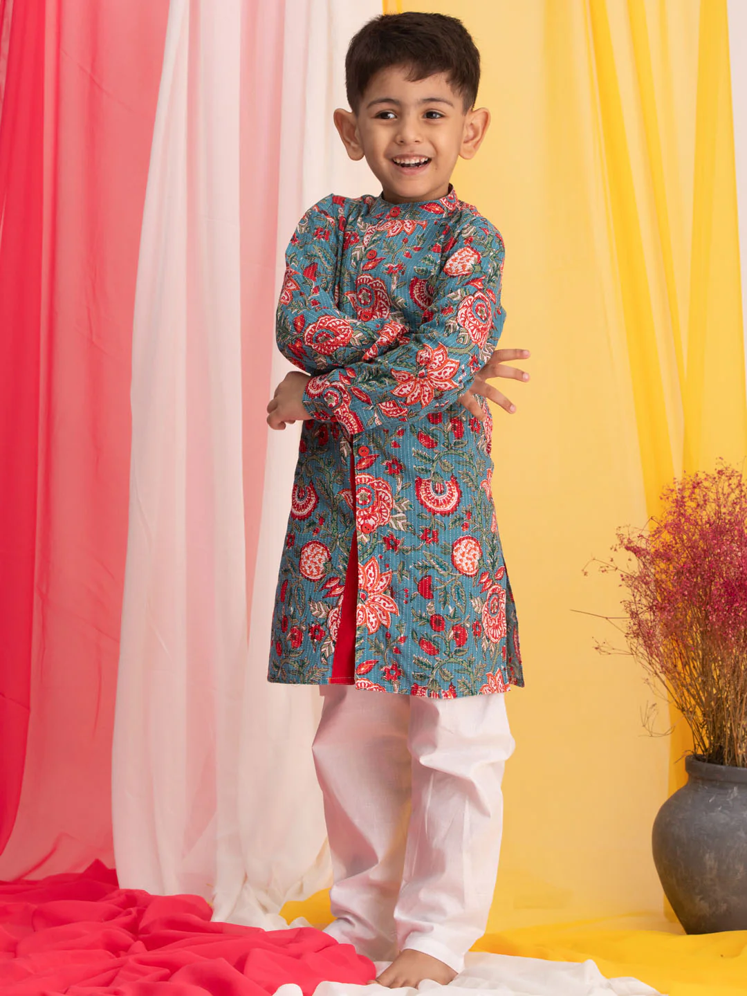 Boy's Blue Floral Print Front Open Kurta With Pyjama Set - Image 6