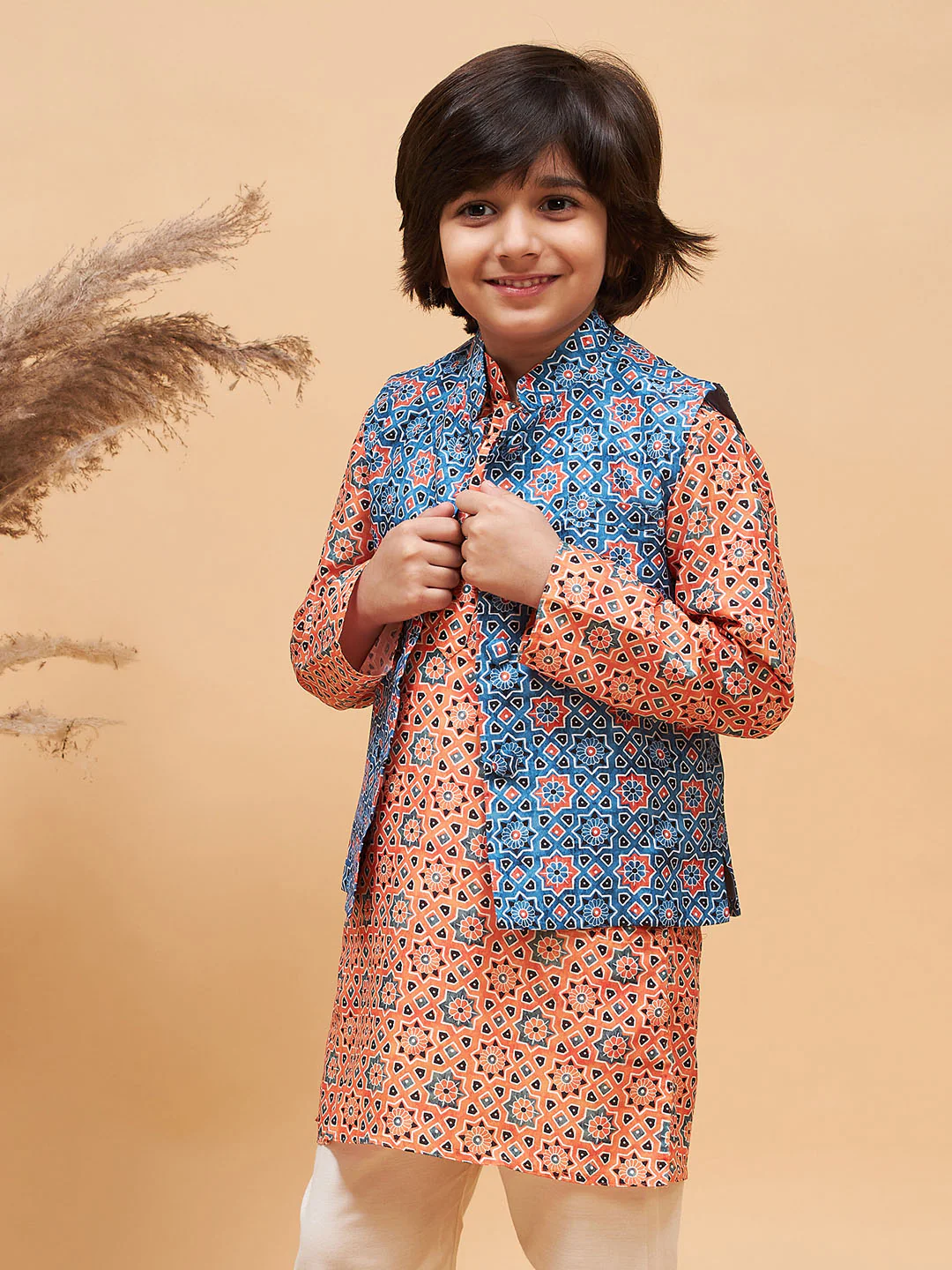 Boy's Blue Printed Nehru Jacket
