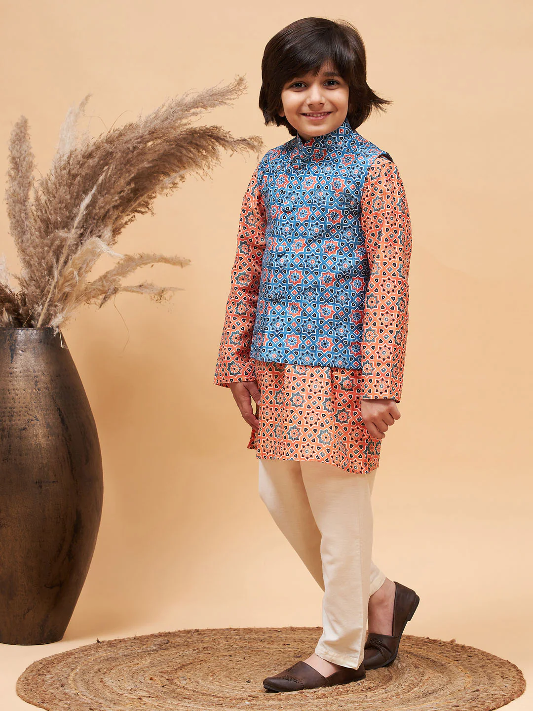 Boy's Blue Printed Nehru Jacket - Image 5
