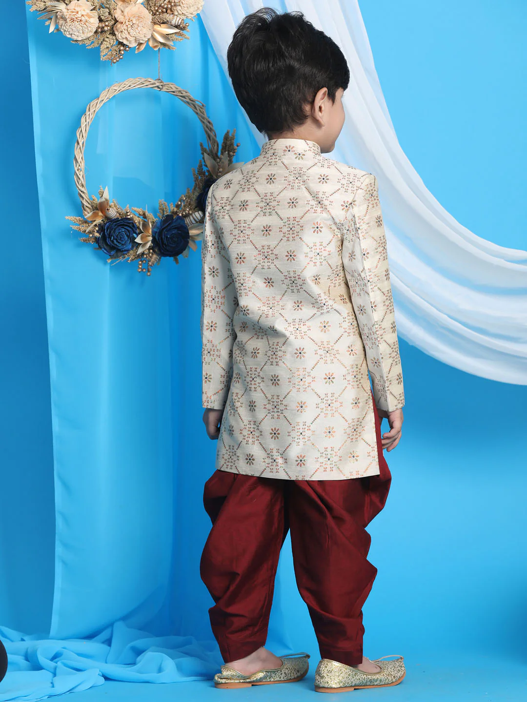 Boy's Gold And Maroon Sherwani Set - Image 3