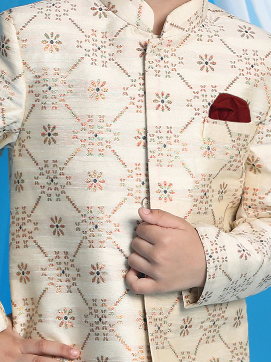 Boy's Gold And Maroon Sherwani Set - Image 4