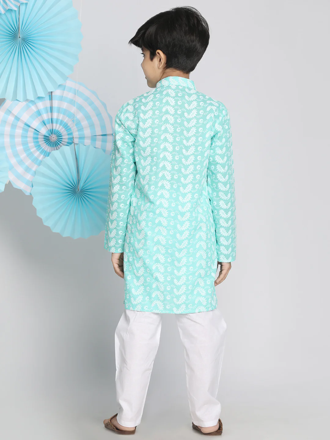 Boy's Green Chikankari Kurta With White Pyjama Set - Image 3