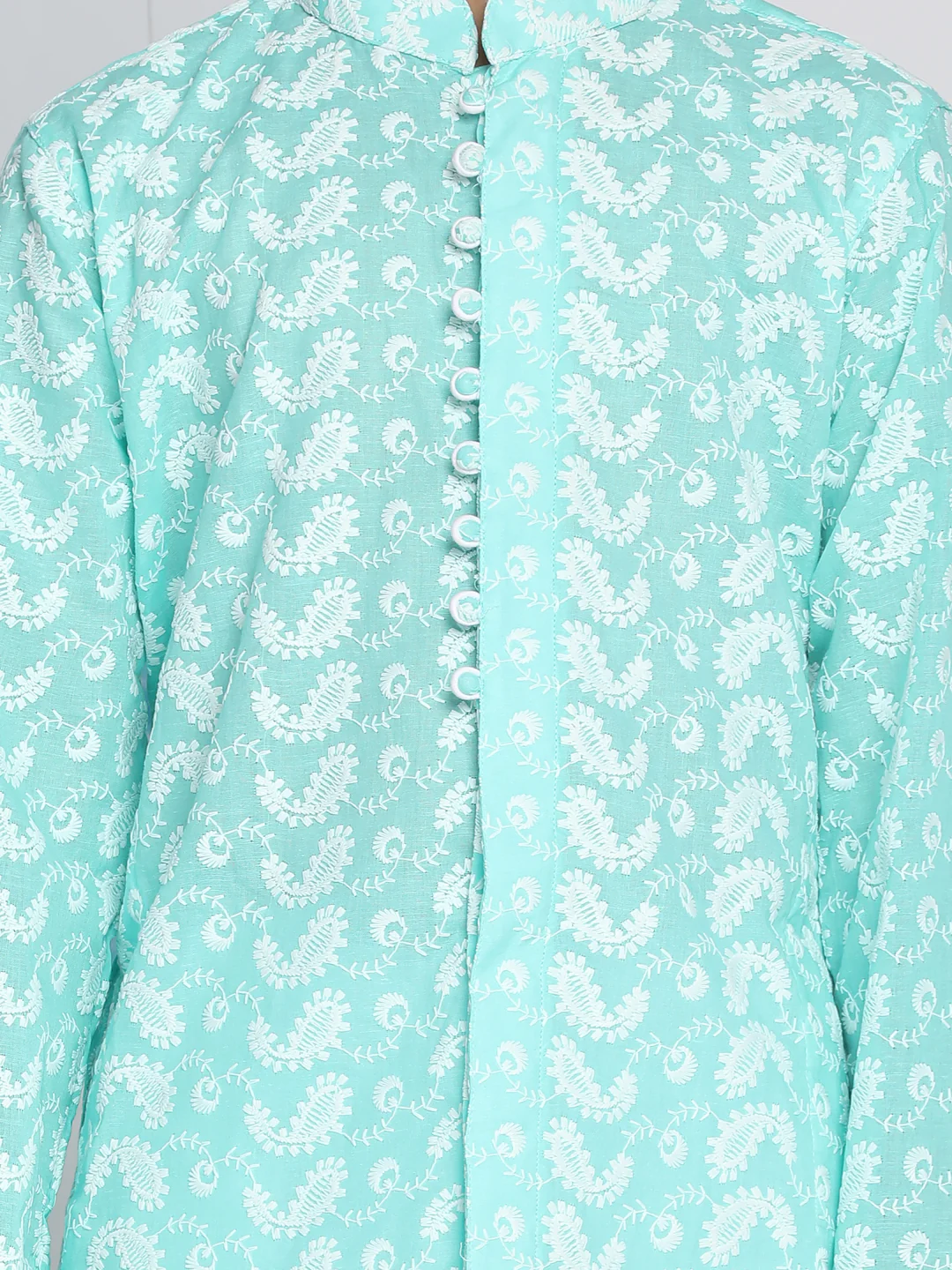Boy's Green Chikankari Kurta With White Pyjama Set - Image 4