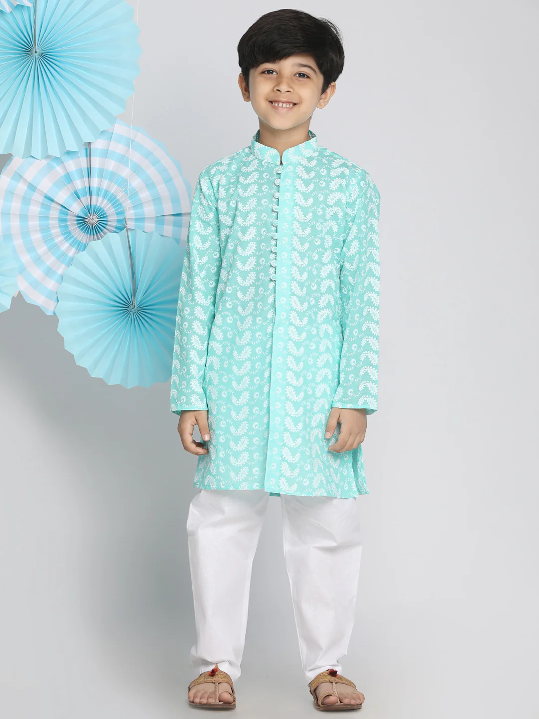 Boy's Green Chikankari Kurta With White Pyjama Set - Image 6