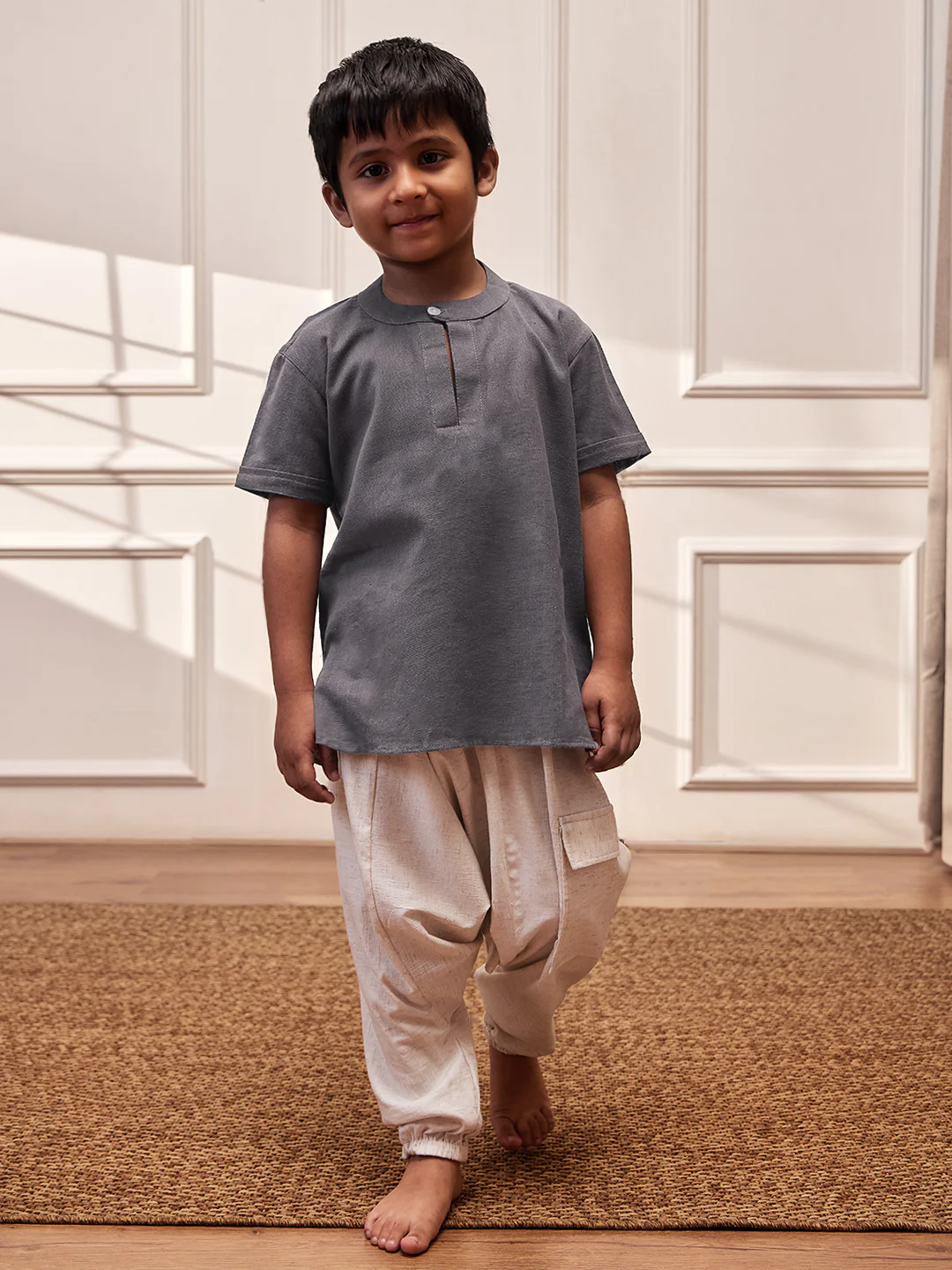 Boy's Grey Cotton Yoga Kurta Set With Harem Pants - Kids Sizes - Image 3