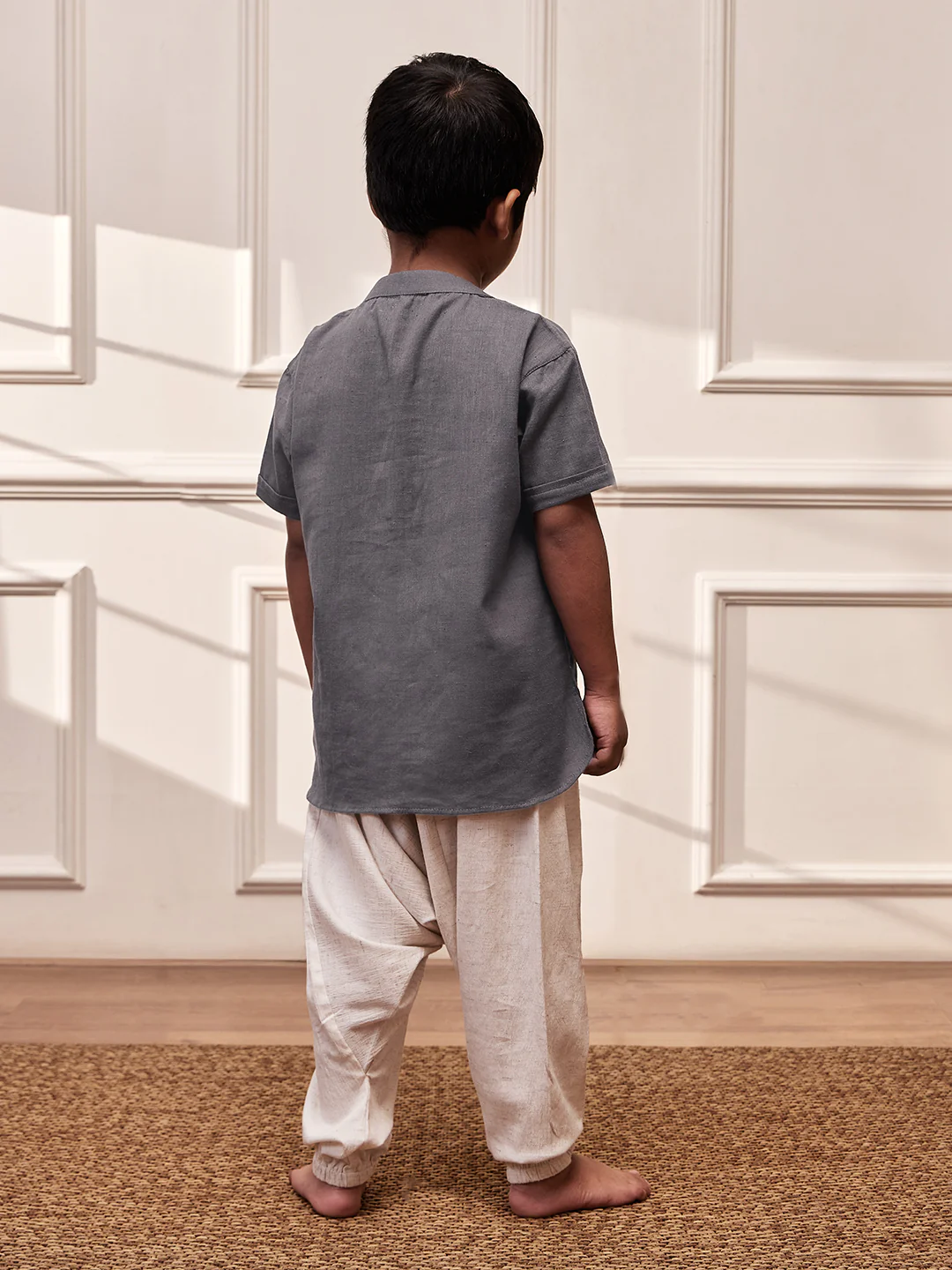 Boy's Grey Cotton Yoga Kurta Set With Harem Pants - Kids Sizes - Image 5