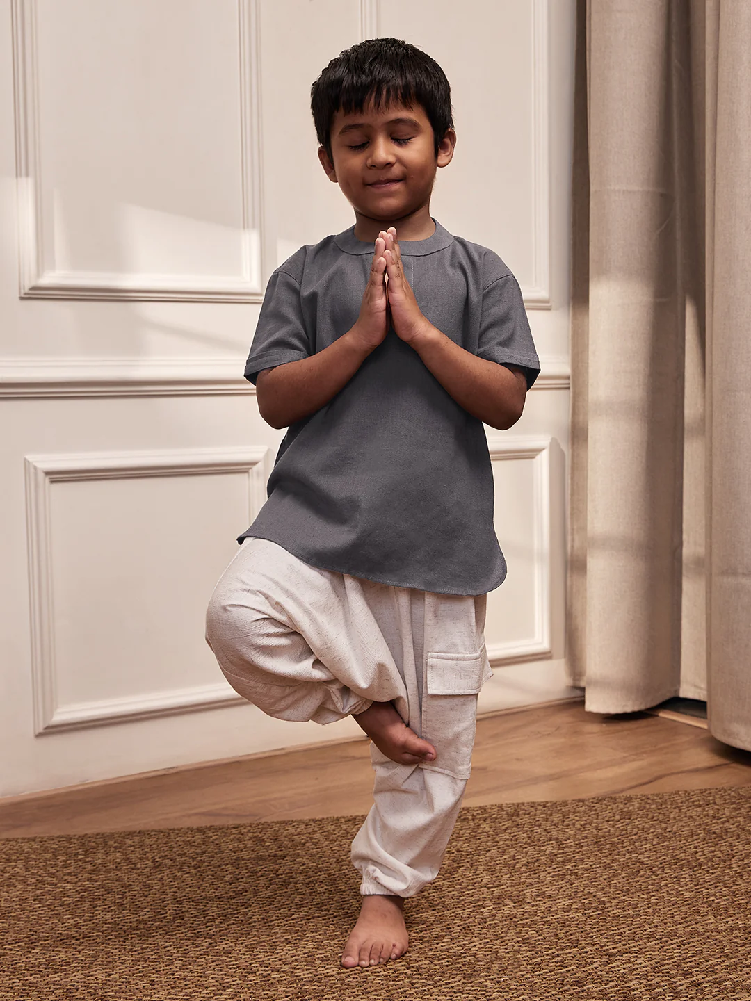Boy's Grey Cotton Yoga Kurta Set With Harem Pants - Kids Sizes - Image 7
