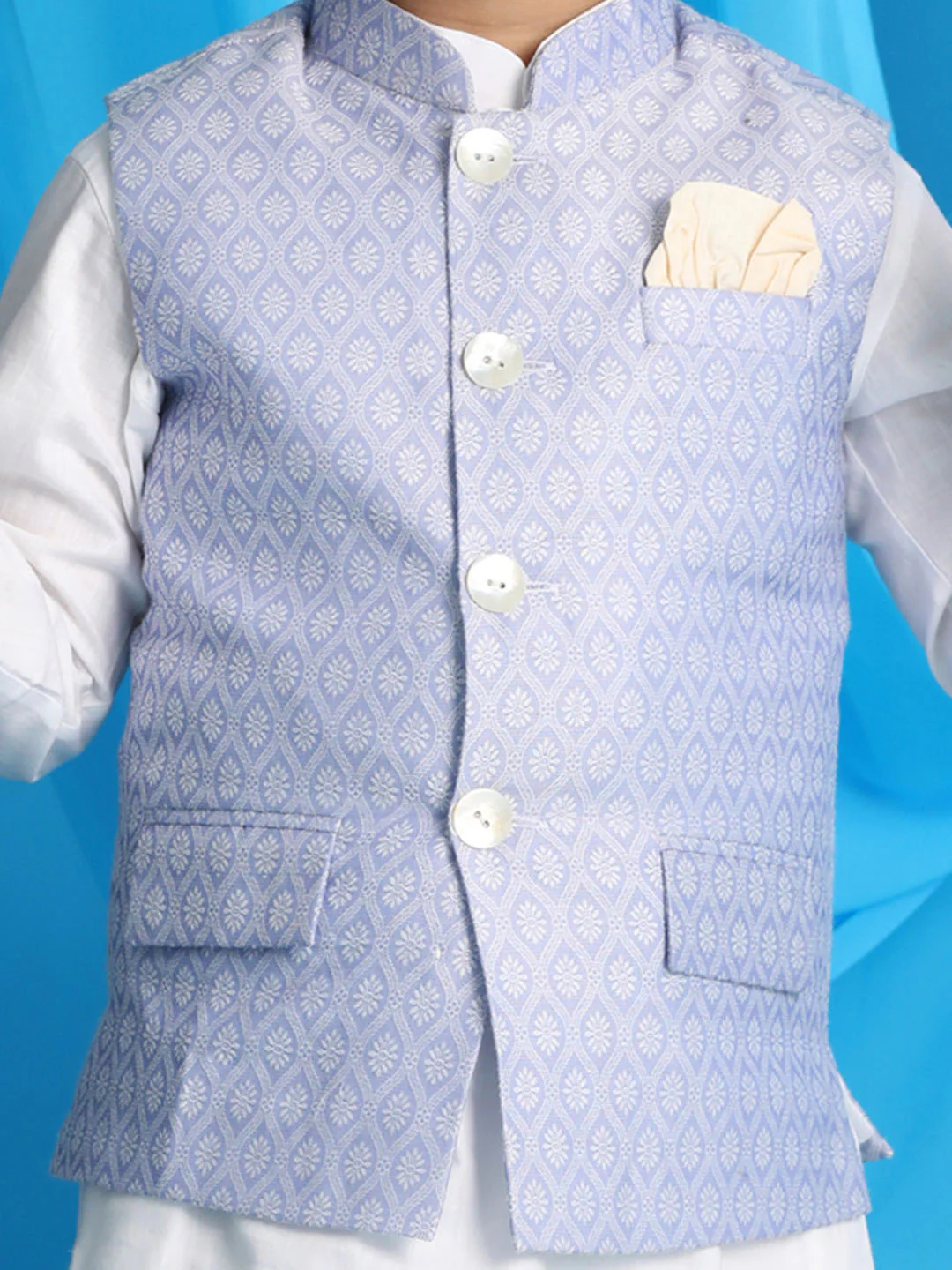 Boy's Lavender Woven Jacket With White Kurta And Pyjama Set - Image 4