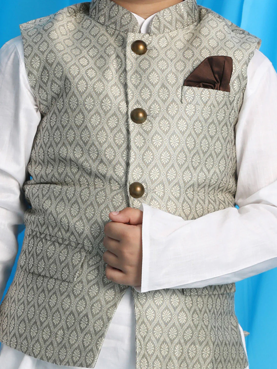 Boy's Beige Woven Jacket With White Kurta And Pyjama Set - Image 4
