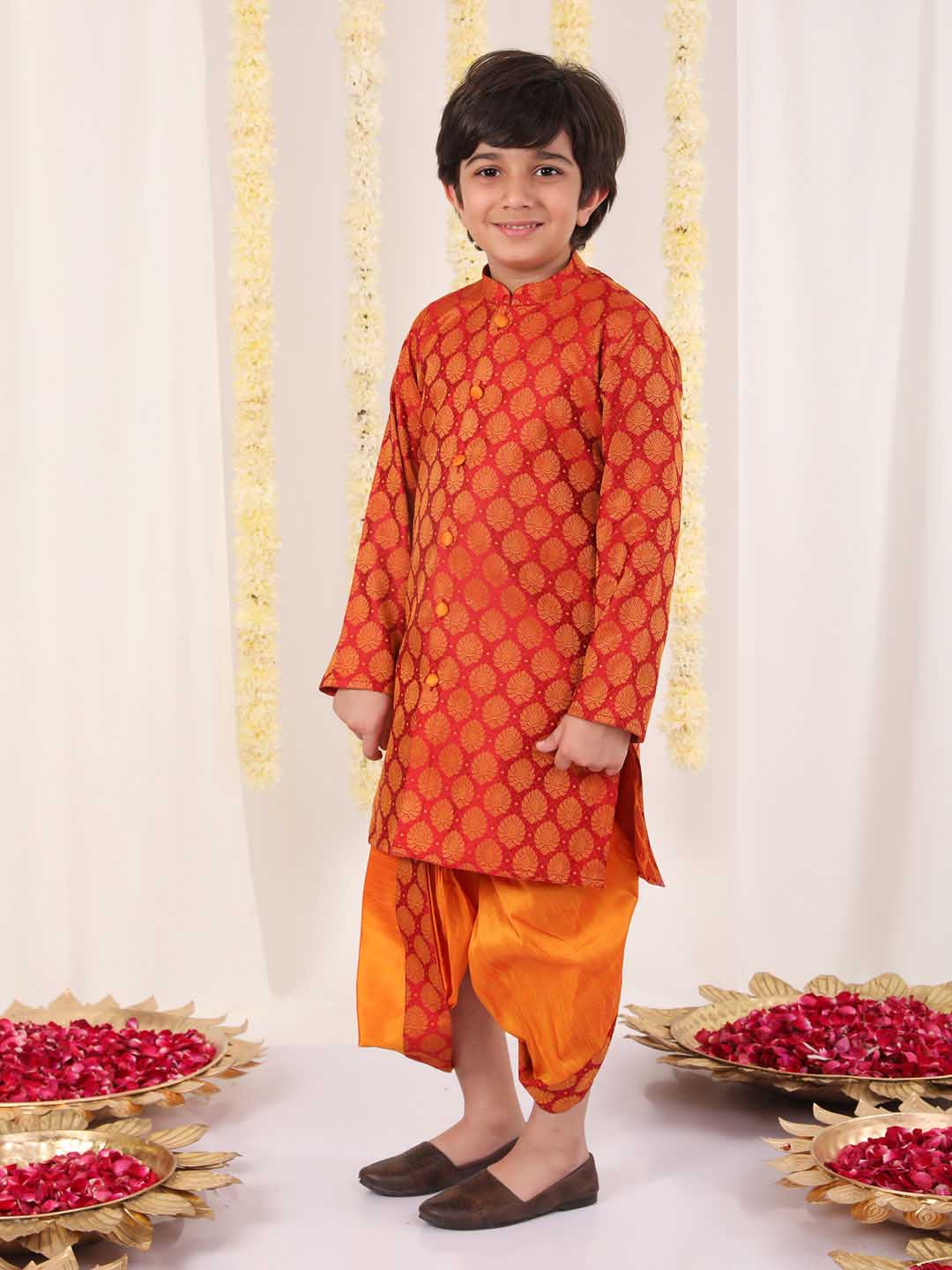 Boy's' Red And Orange Kurta And Dhoti Set - Image 6