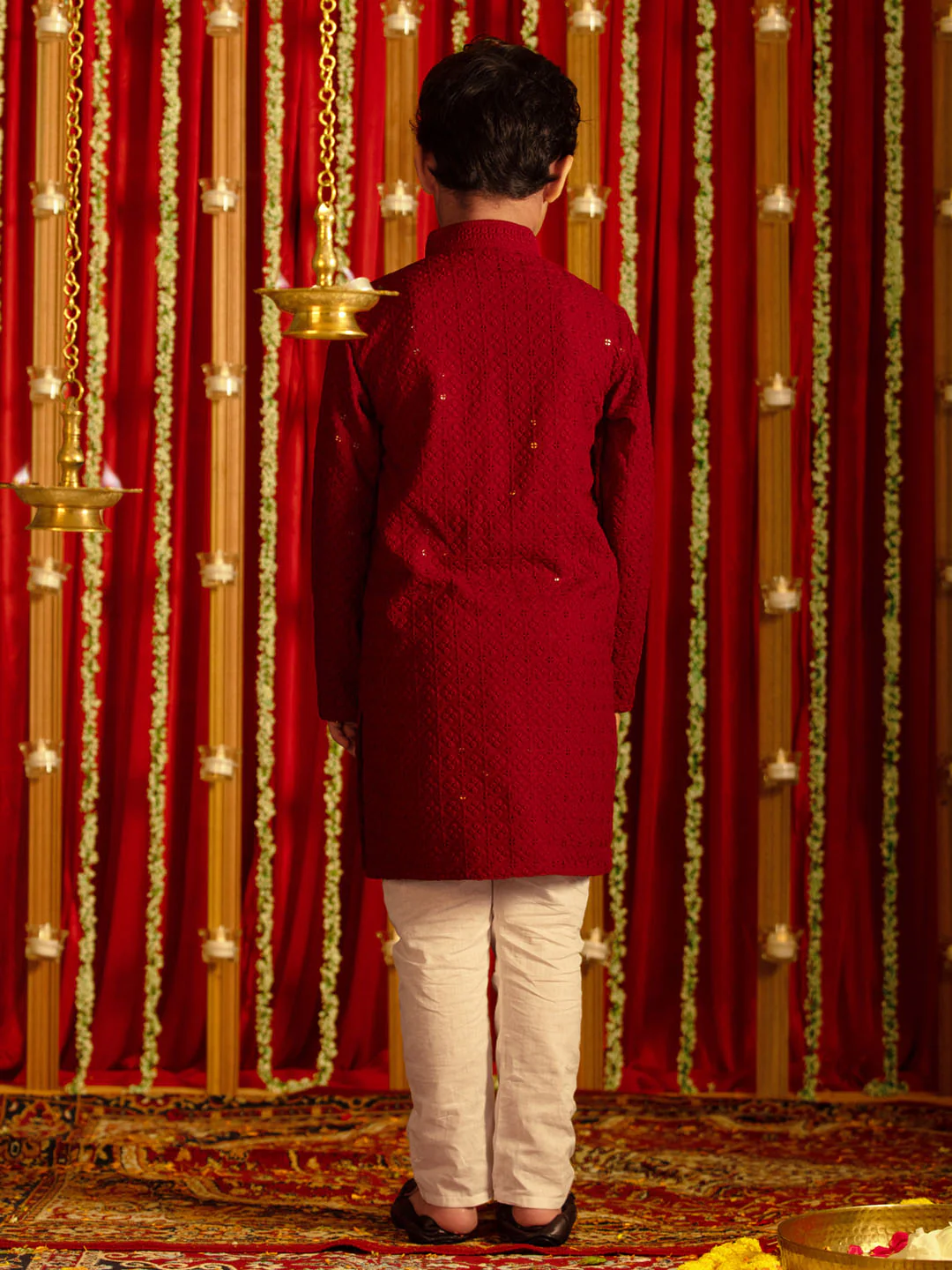 Boy's' Maroon And White Schiffli Kurta Pyjama Set - Image 3