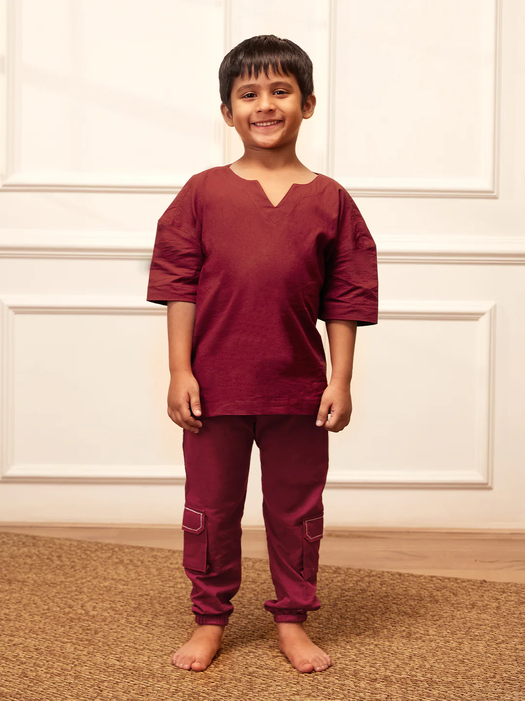 Boy's Maroon Solid Cotton Yoga Kurta Set With Cargo Pants - Image 3