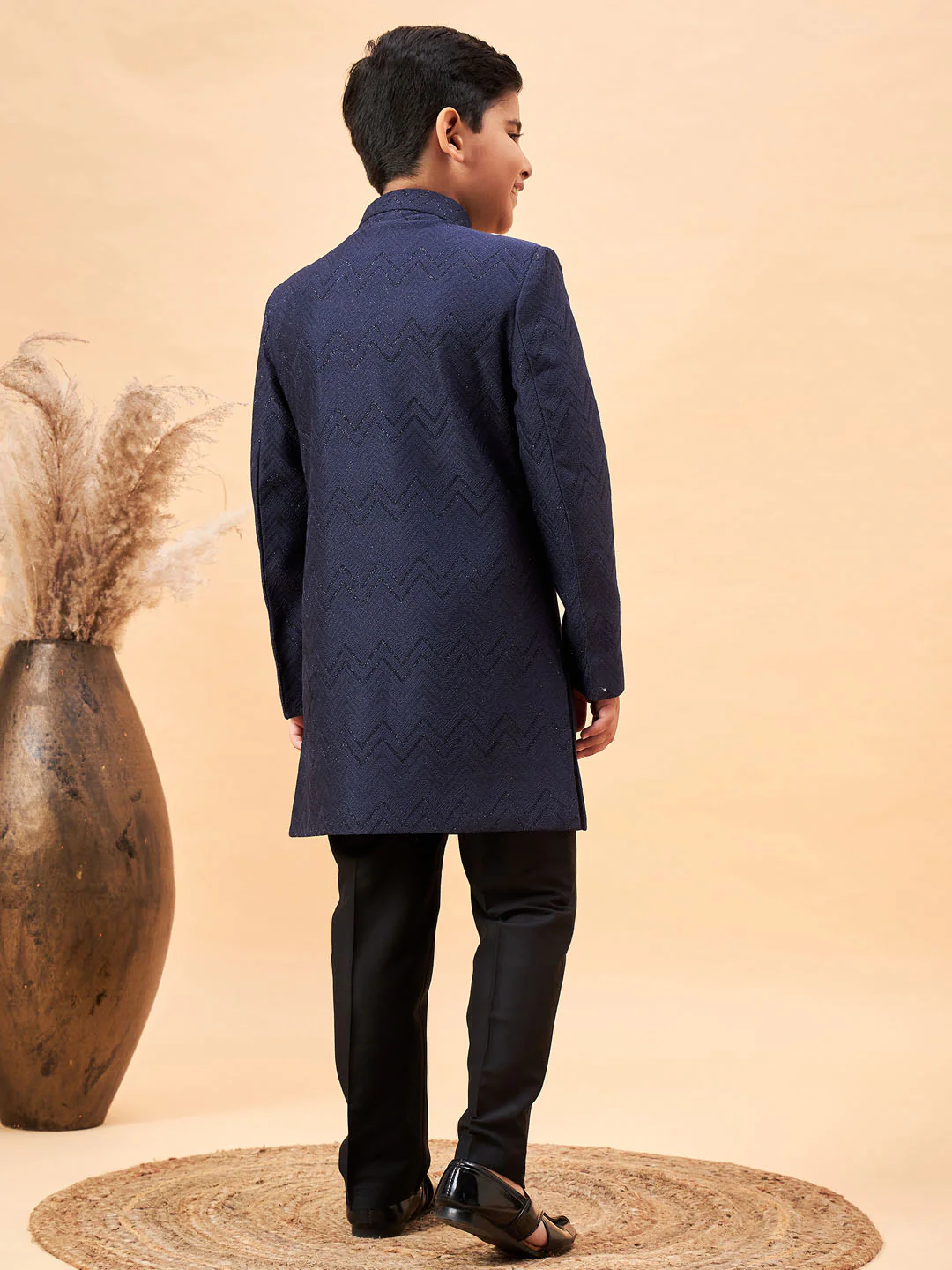 Boy's Navy Blue Glitter Indo Western Sherwani Set - Image 3