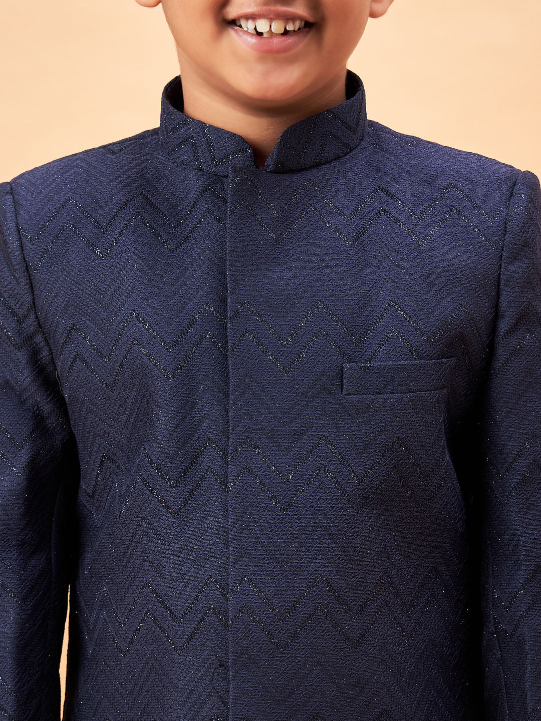 Boy's Navy Blue Glitter Indo Western Sherwani Set - Image 4