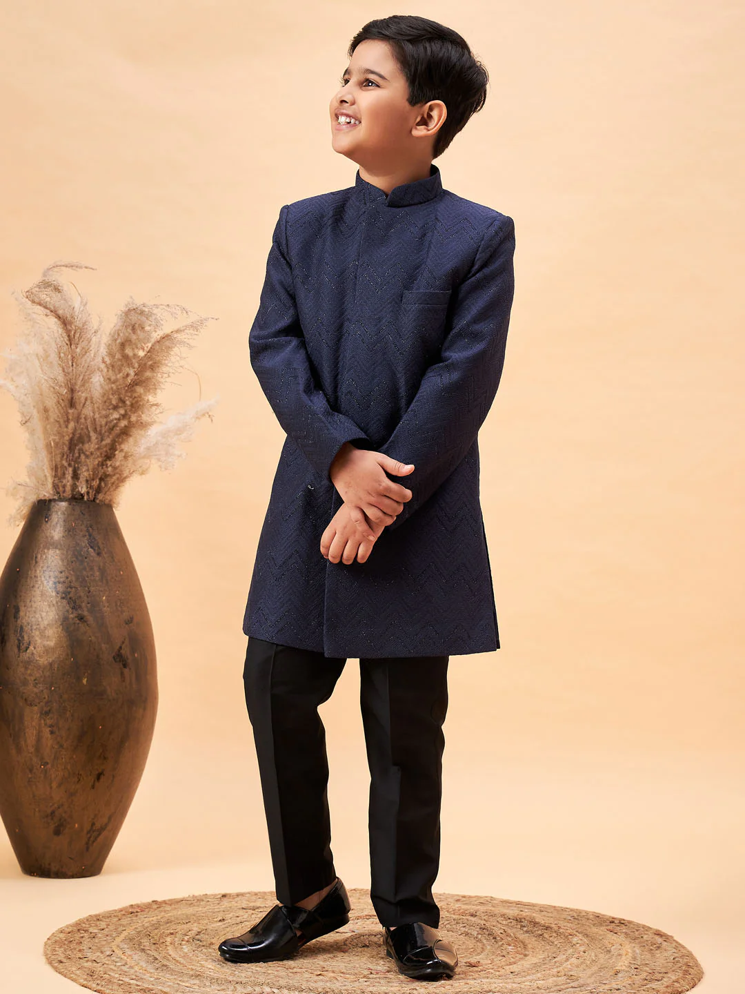 Boy's Navy Blue Glitter Indo Western Sherwani Set - Image 6