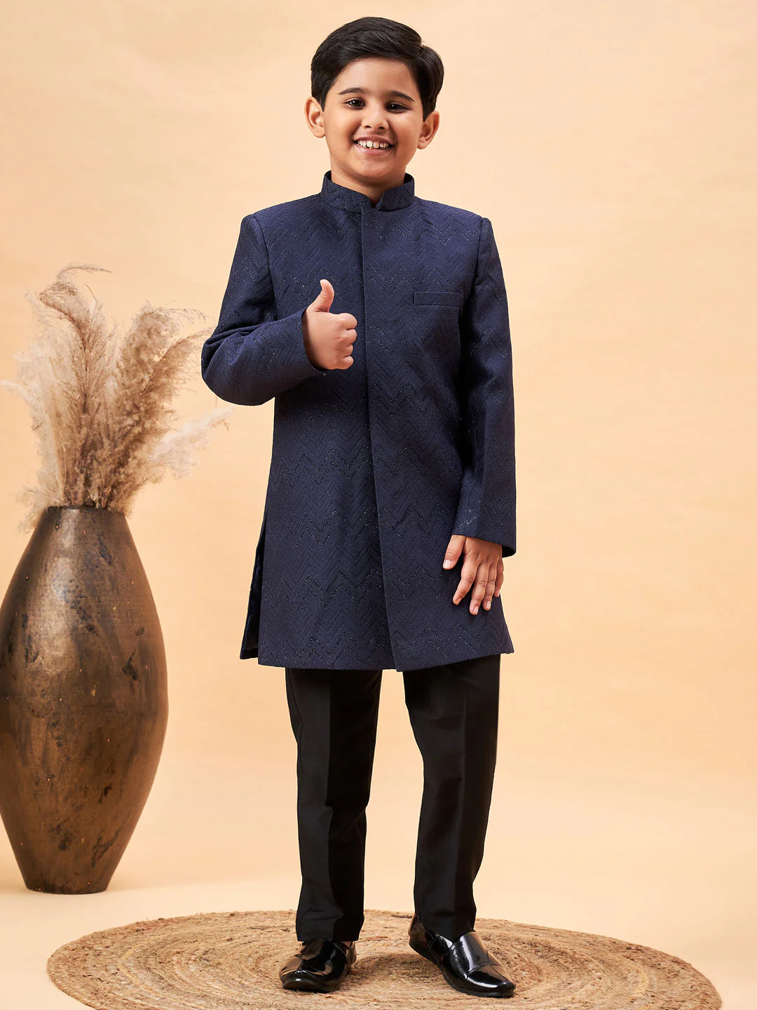Boy's Navy Blue Glitter Indo Western Sherwani Set - Image 7