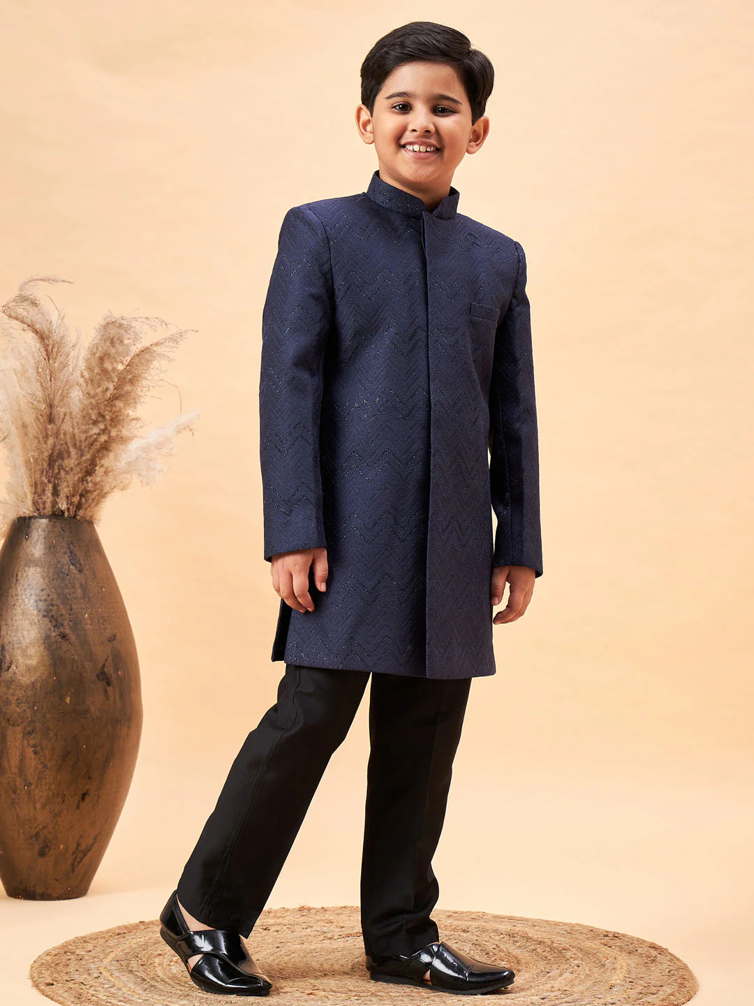 Boy's Navy Blue Glitter Indo Western Sherwani Set - Image 8