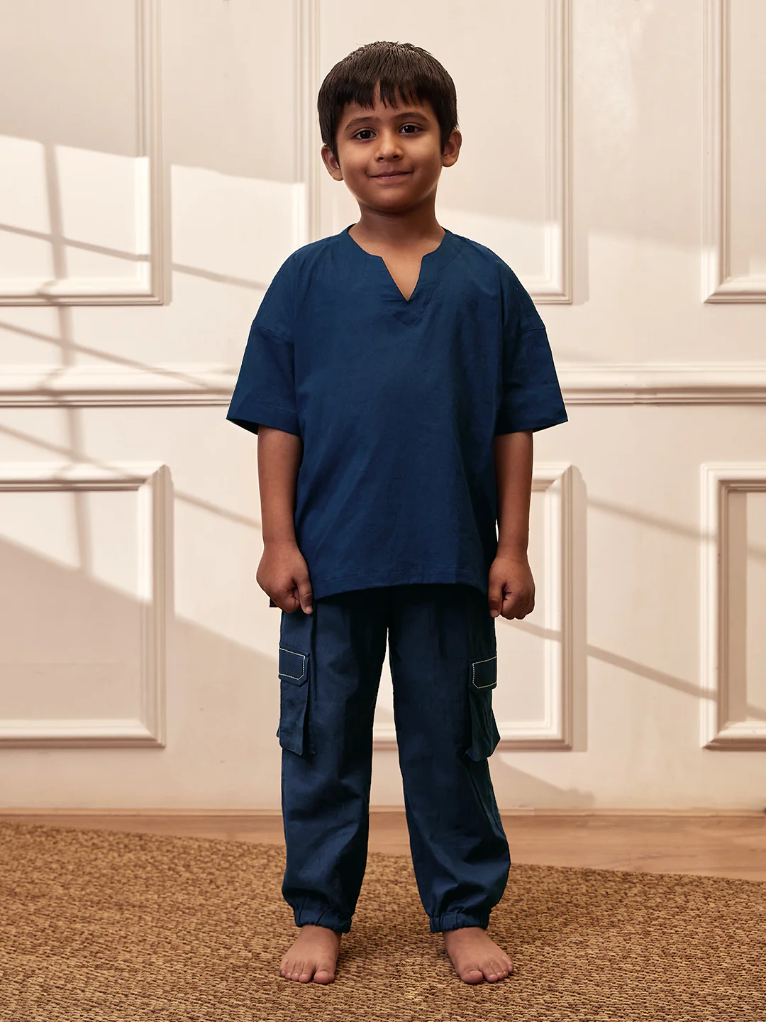 Boy's Navy Blue Solid Cotton Yoga Kurta Set With Cargo Pants - Image 3
