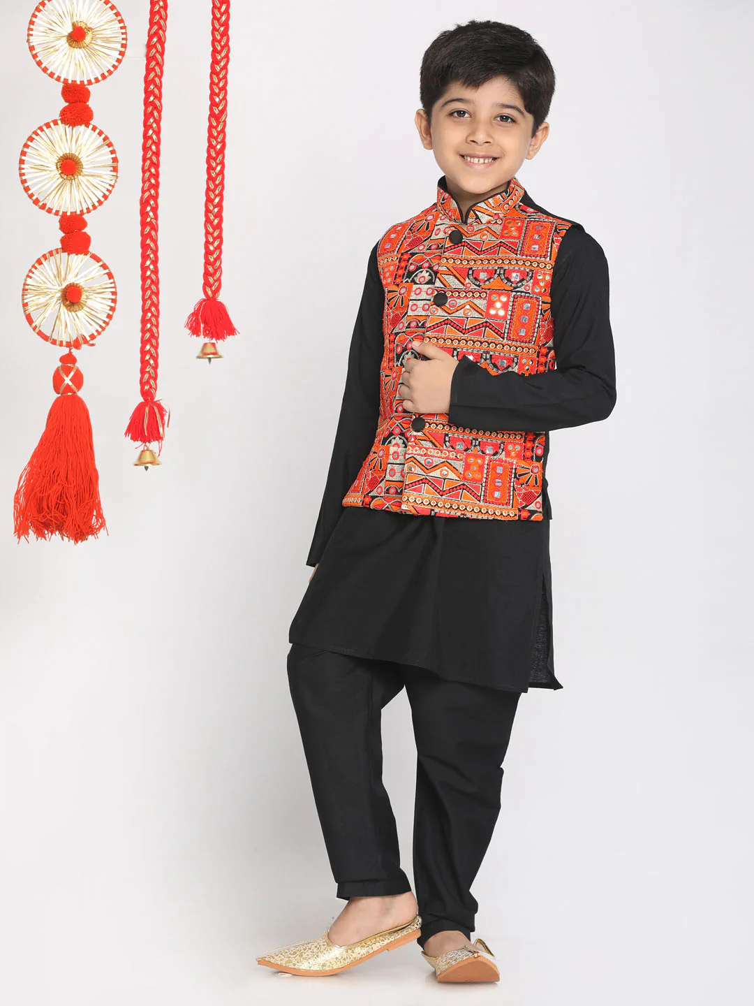 Boy's' Orange And Black Jacket, Kurta And Pyjama Set - Image 3