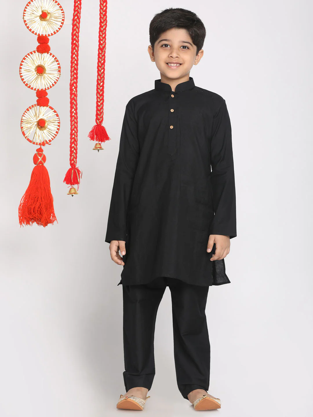 Boy's' Orange And Black Jacket, Kurta And Pyjama Set - Image 5