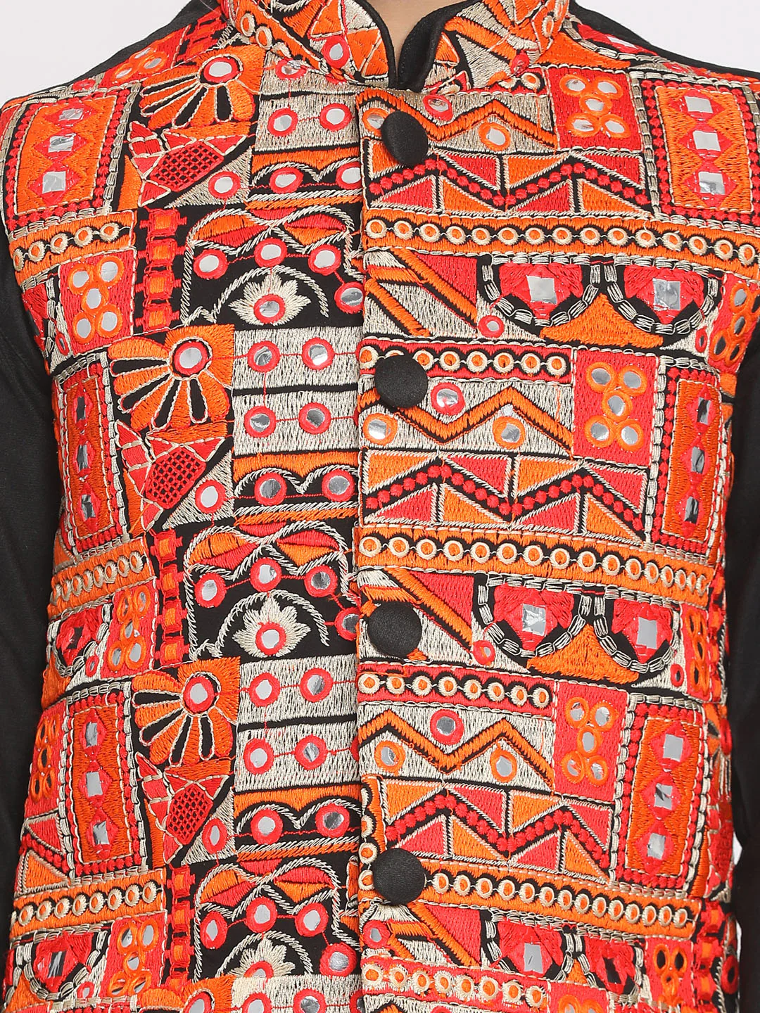 Boy's' Orange And Black Jacket, Kurta And Pyjama Set - Image 6