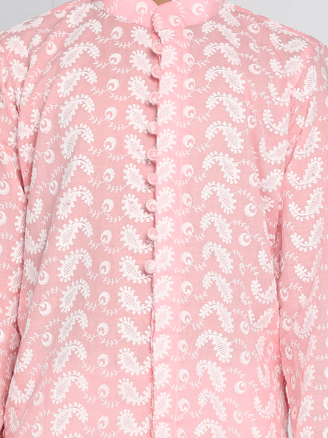 Boys Pink And White Kurta Pyjama Set - Image 4