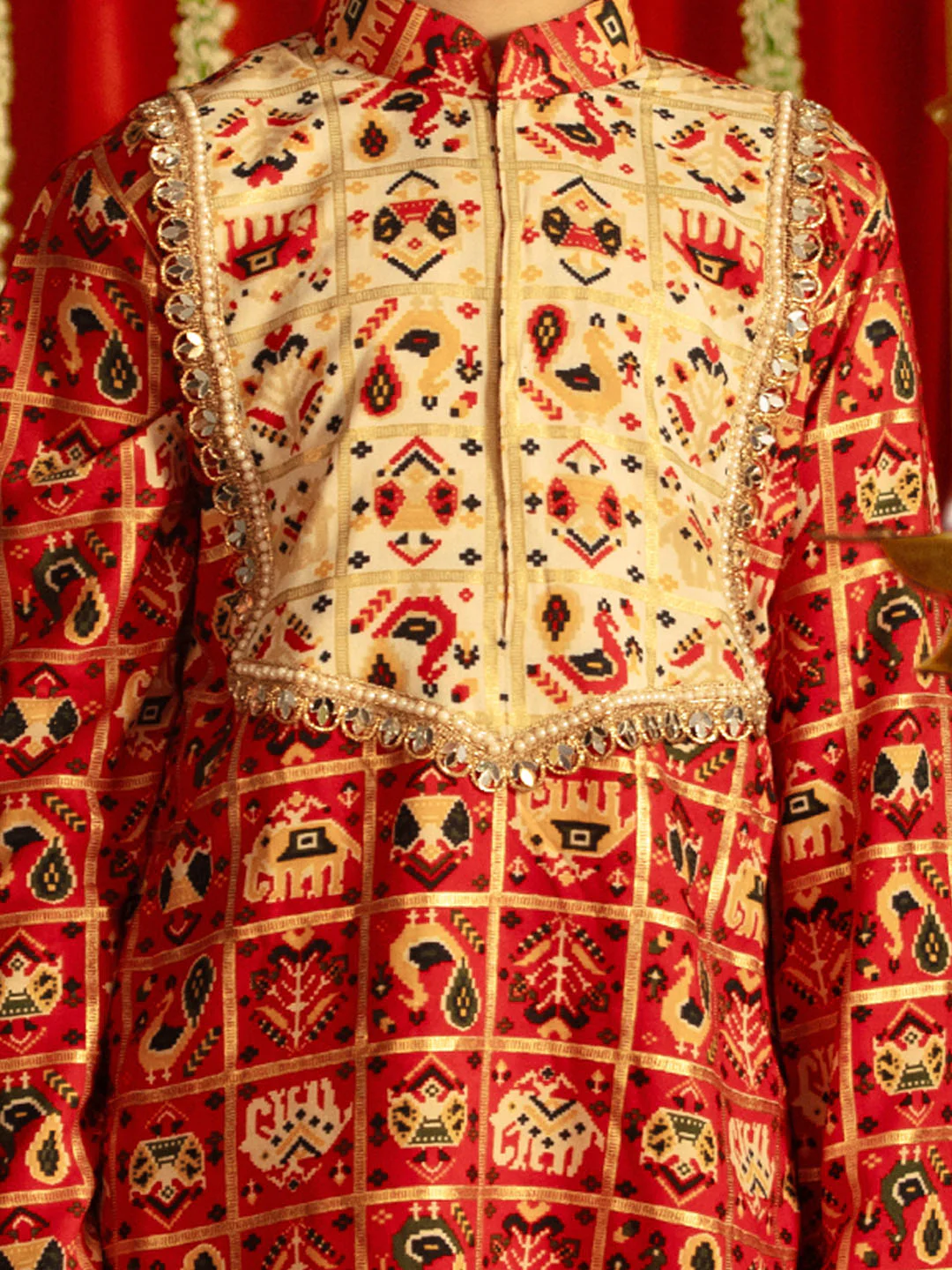 Boy's' Red And Cream Patola Print Ethnic Kurta And Dhoti Set - Image 4