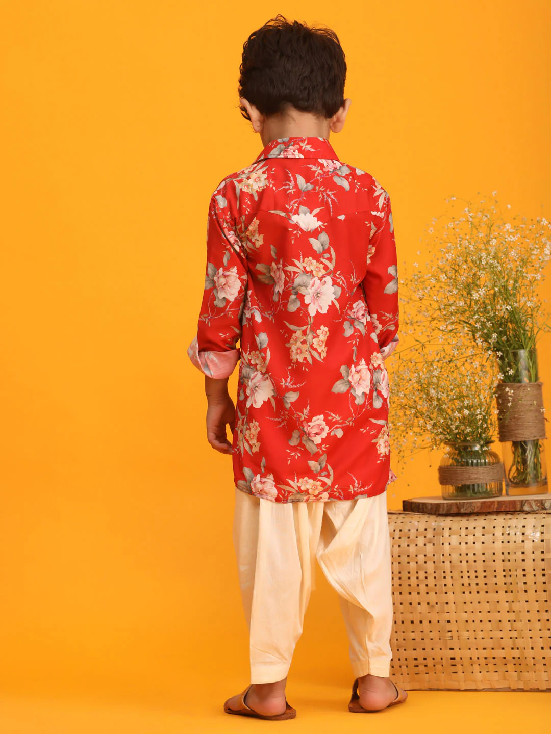 Boy's Red Floral Printed Kurta With Cream Solid Pyjama Set - Image 3