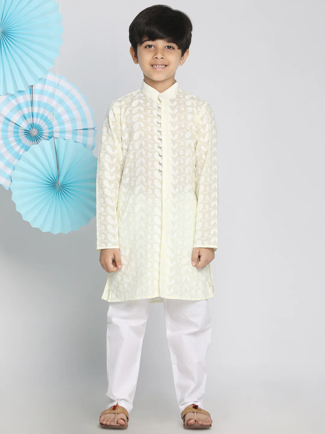 Boys Yellow And White Kurta Pyjama Set - Image 6