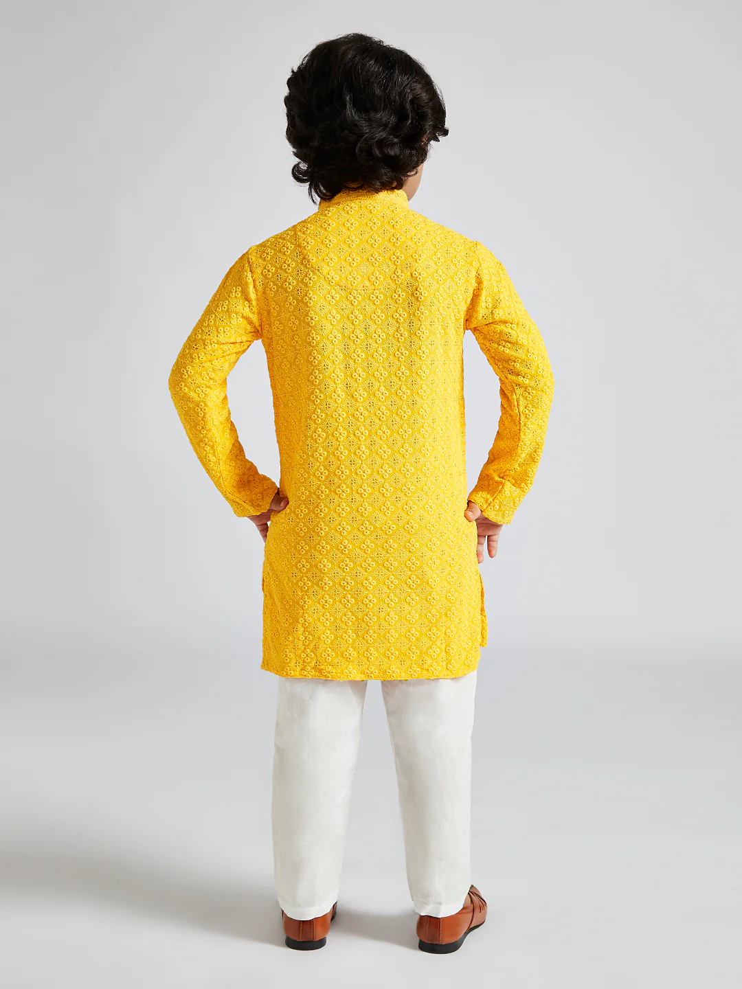 Boy's' Yellow And White Schiffli Kurta Pyjama Set - Image 5