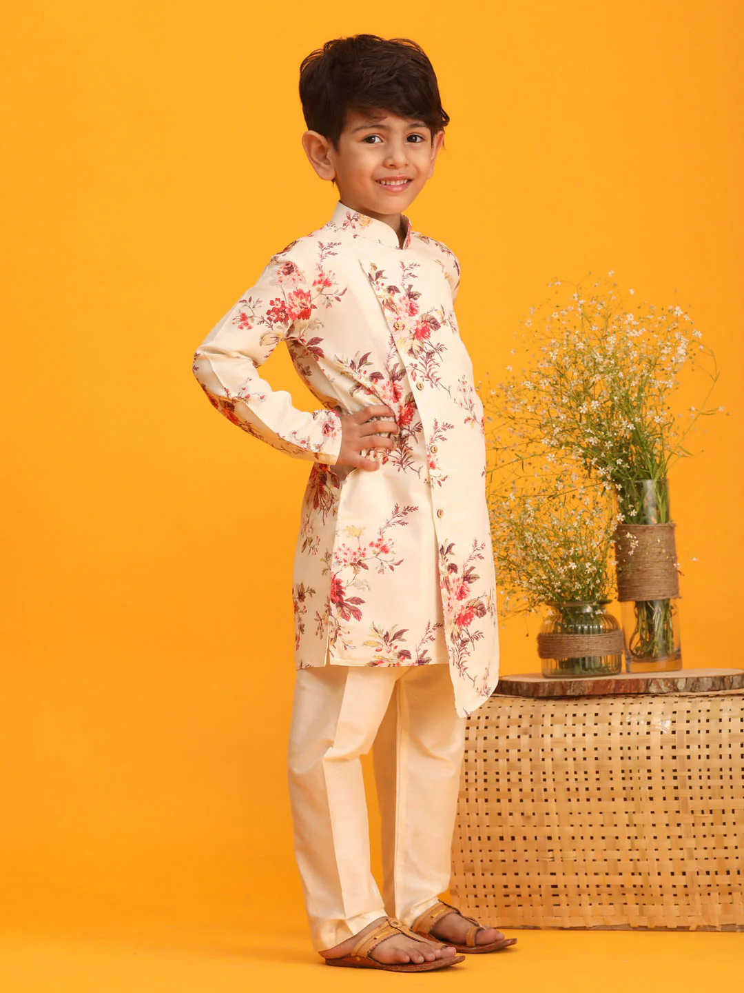 Boy's Yellow Floral Printed Angrakha Kurta With Cream Solid Pyjama Set - Image 2