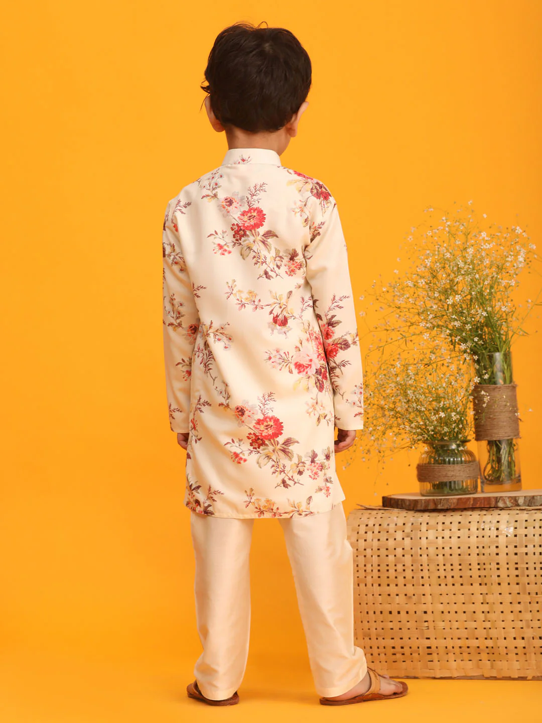 Boy's Yellow Floral Printed Angrakha Kurta With Cream Solid Pyjama Set - Image 3