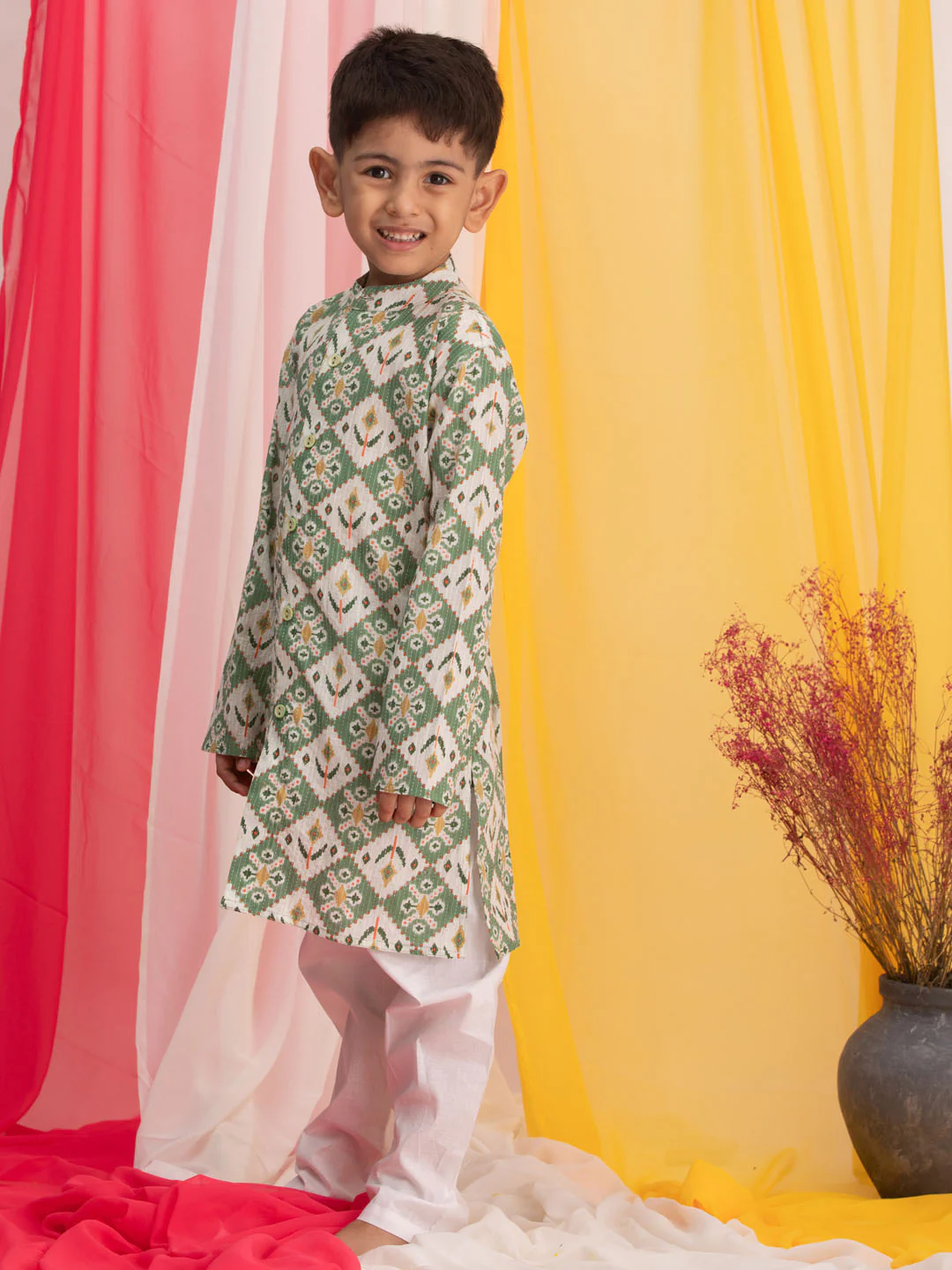Boy's Green Ikkat Print Front Open Kurta With Pyjama Set - Image 2