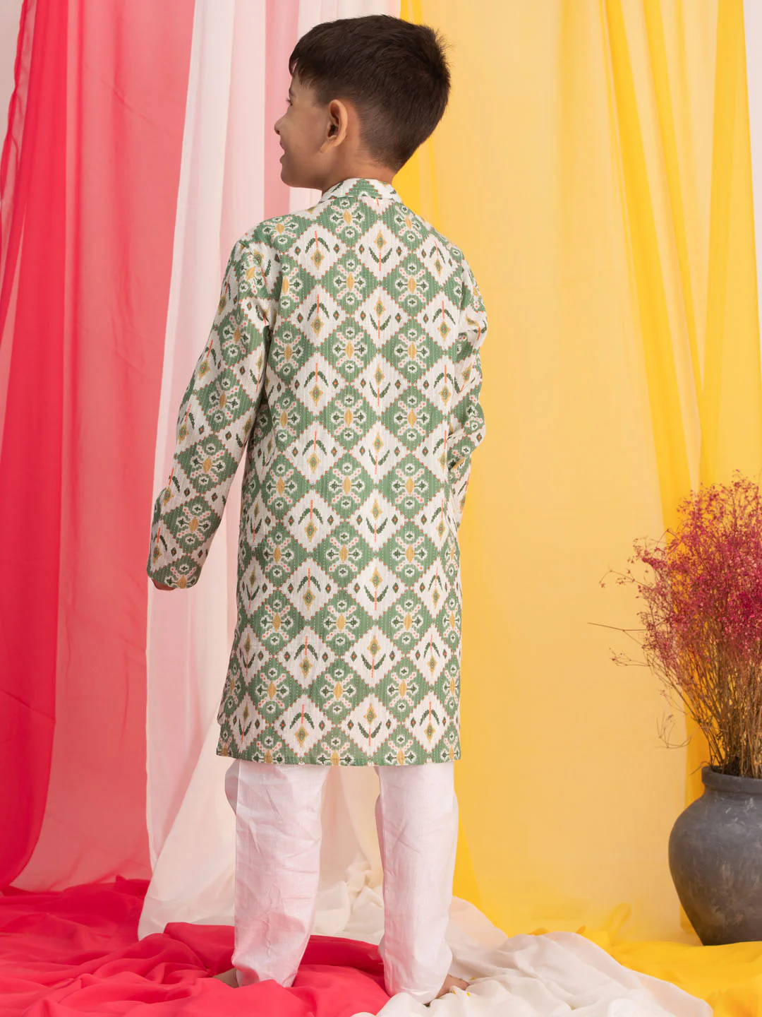Boy's Green Ikkat Print Front Open Kurta With Pyjama Set - Image 3