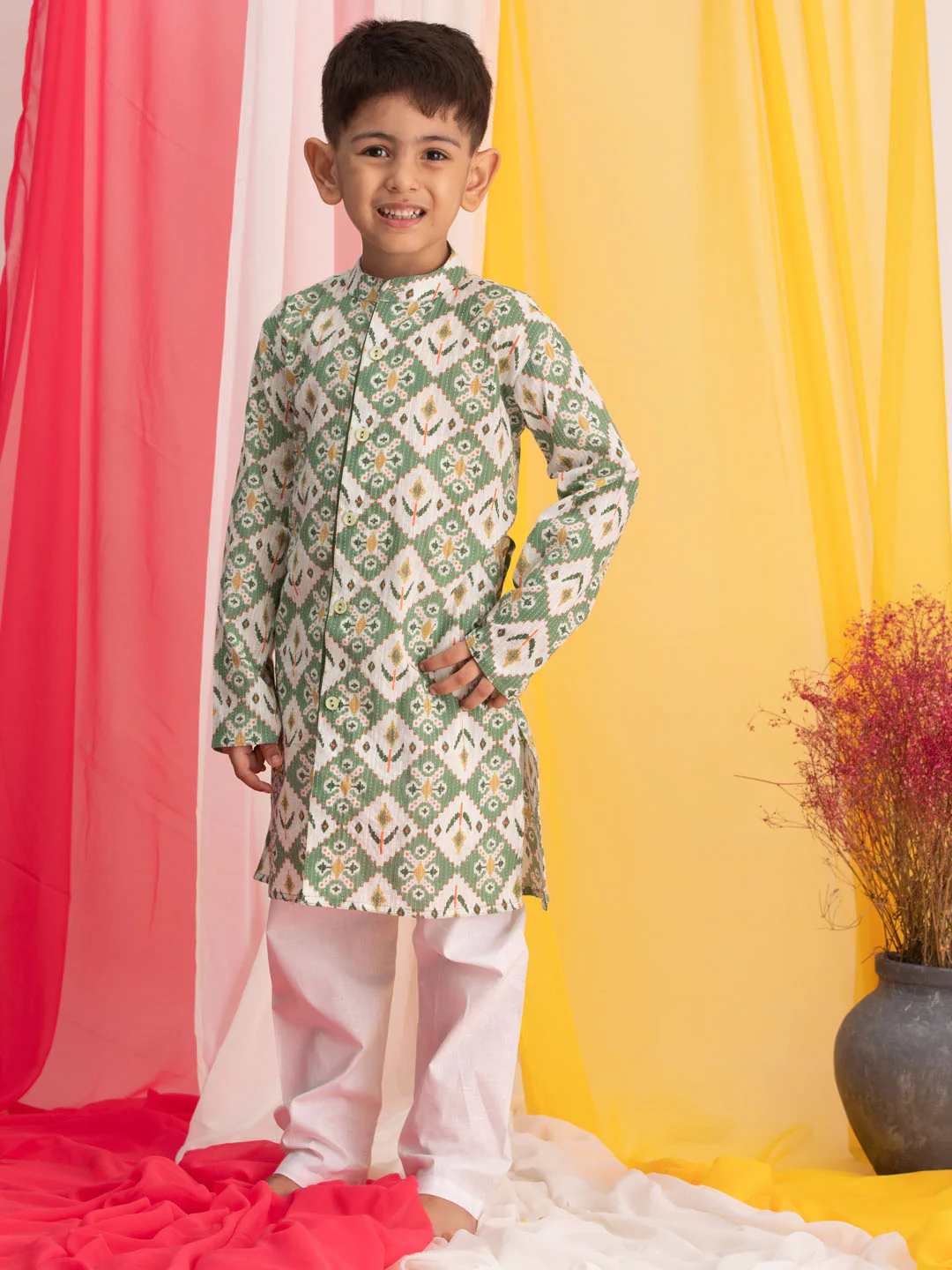 Boy's Green Ikkat Print Front Open Kurta With Pyjama Set - Image 6