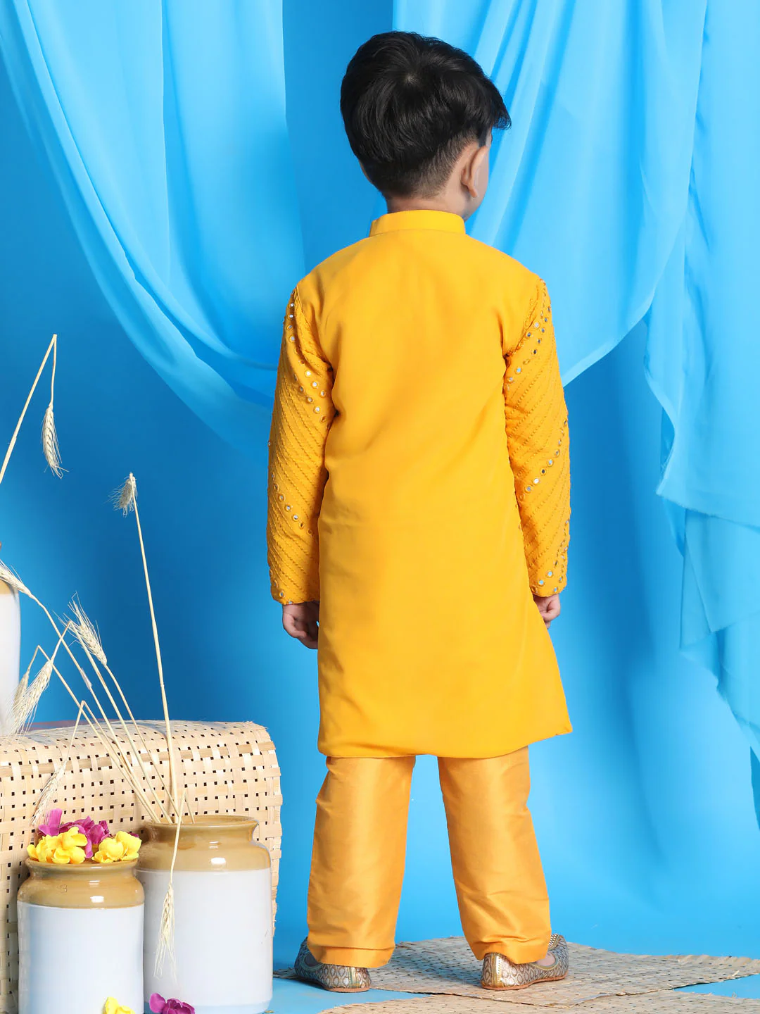Boy's' Yellow Mirror Kurta Pyjama Set - Image 3