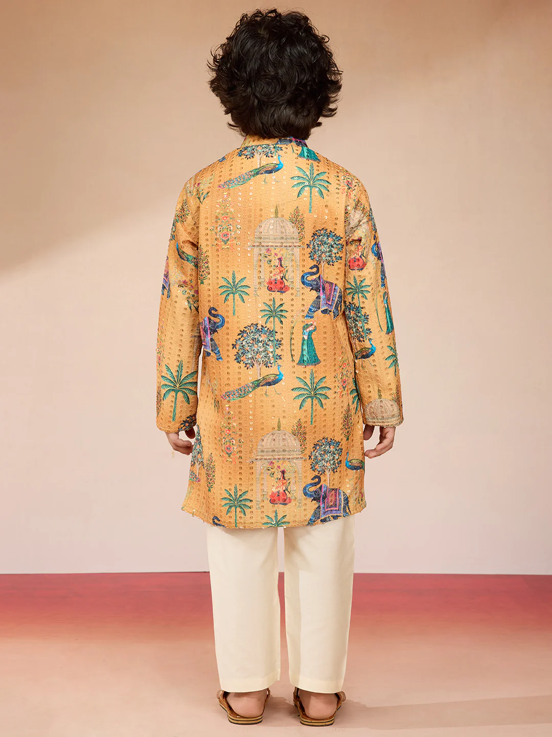 Boys Yellow Sequin Kurta Pajama Set - Image 5
