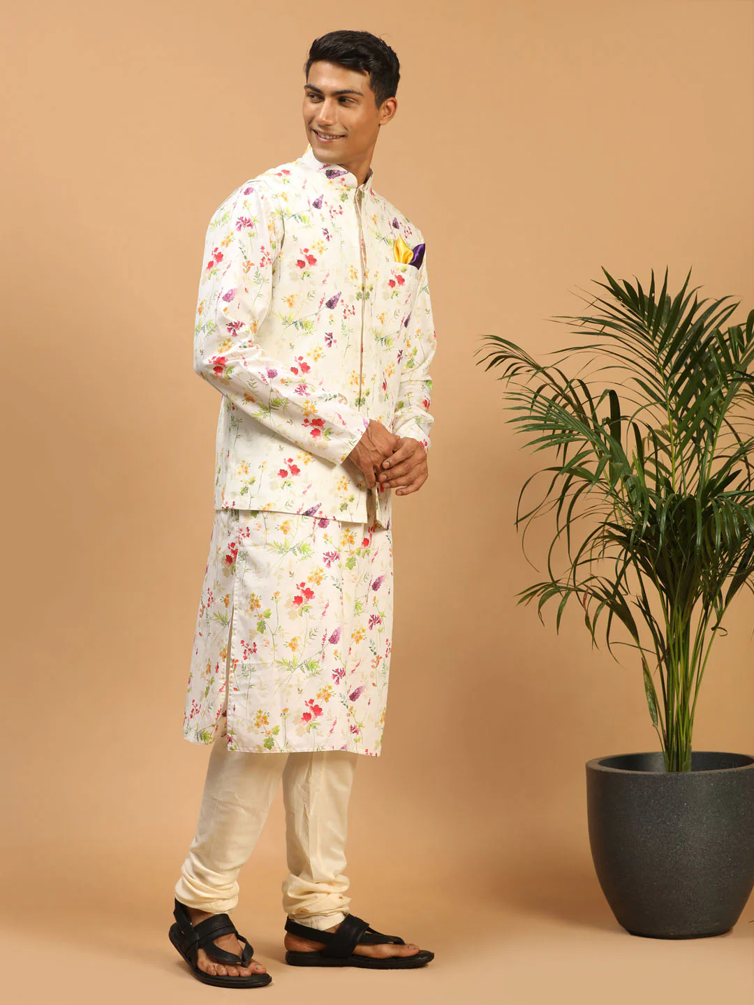Cream Printed Nehru Jacket And Multicolor-Base Printed Kurta With Cream Pyjama Set - Image 2