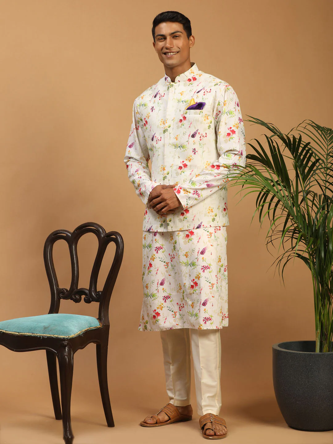 Cream Printed Nehru Jacket And Multicolor-Base Printed Kurta With Cream Viscose Stylish Pant Set - Image 2