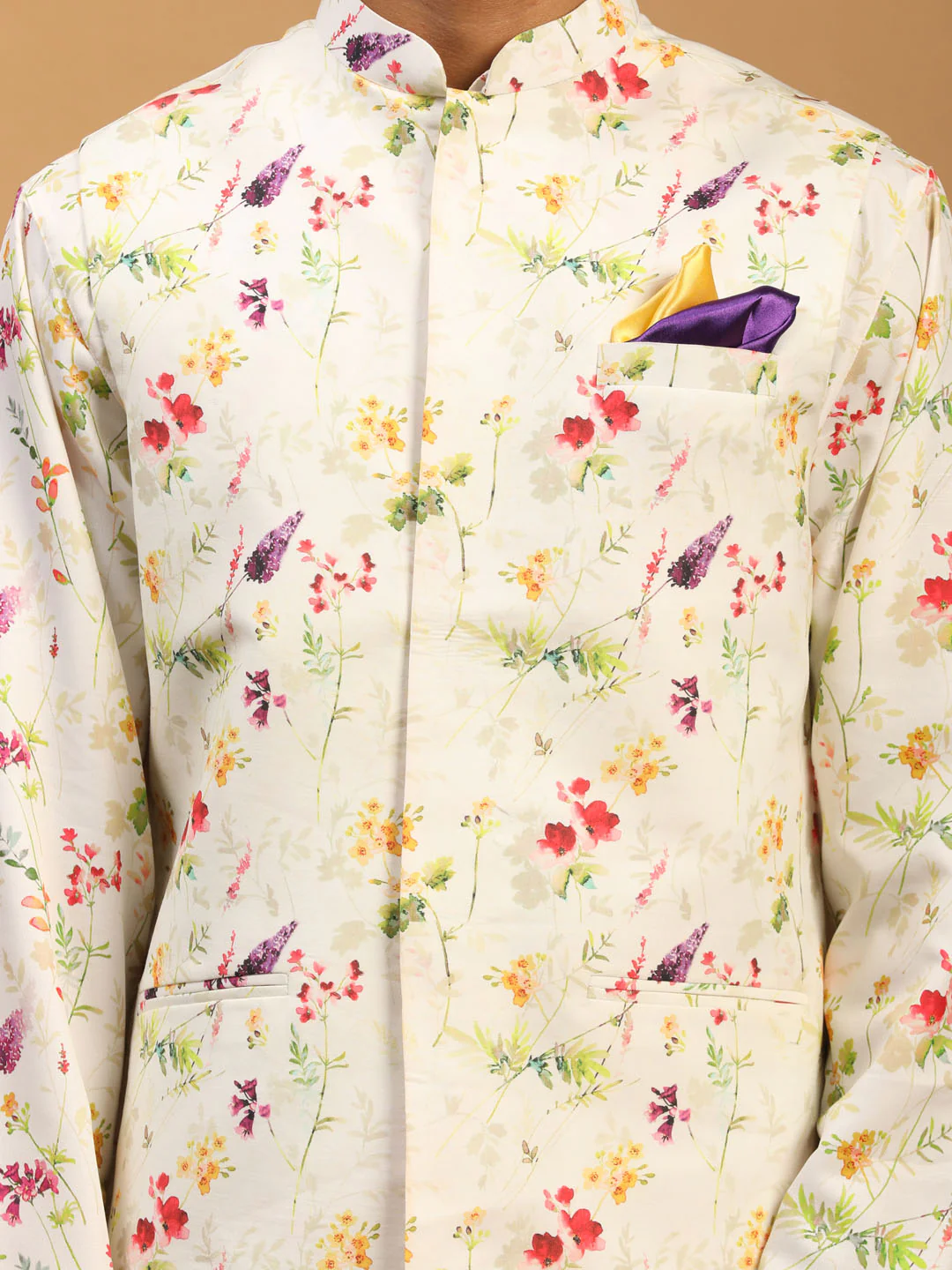 Cream Printed Nehru Jacket And Multicolor-Base Printed Kurta With Cream Viscose Stylish Pant Set - Image 4