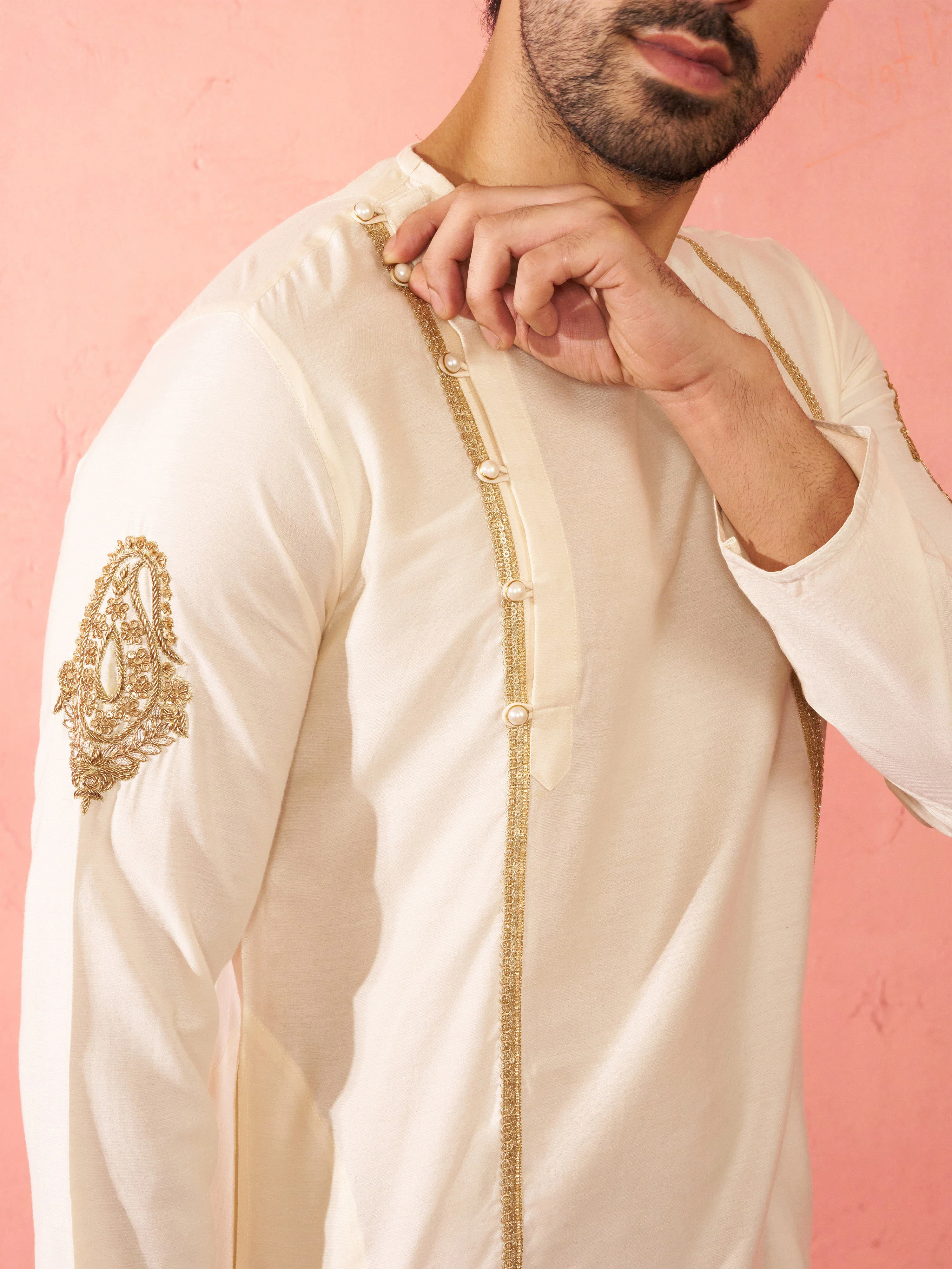 Men's Cream Zardozi Embroidered Viscose Kurta - Image 2
