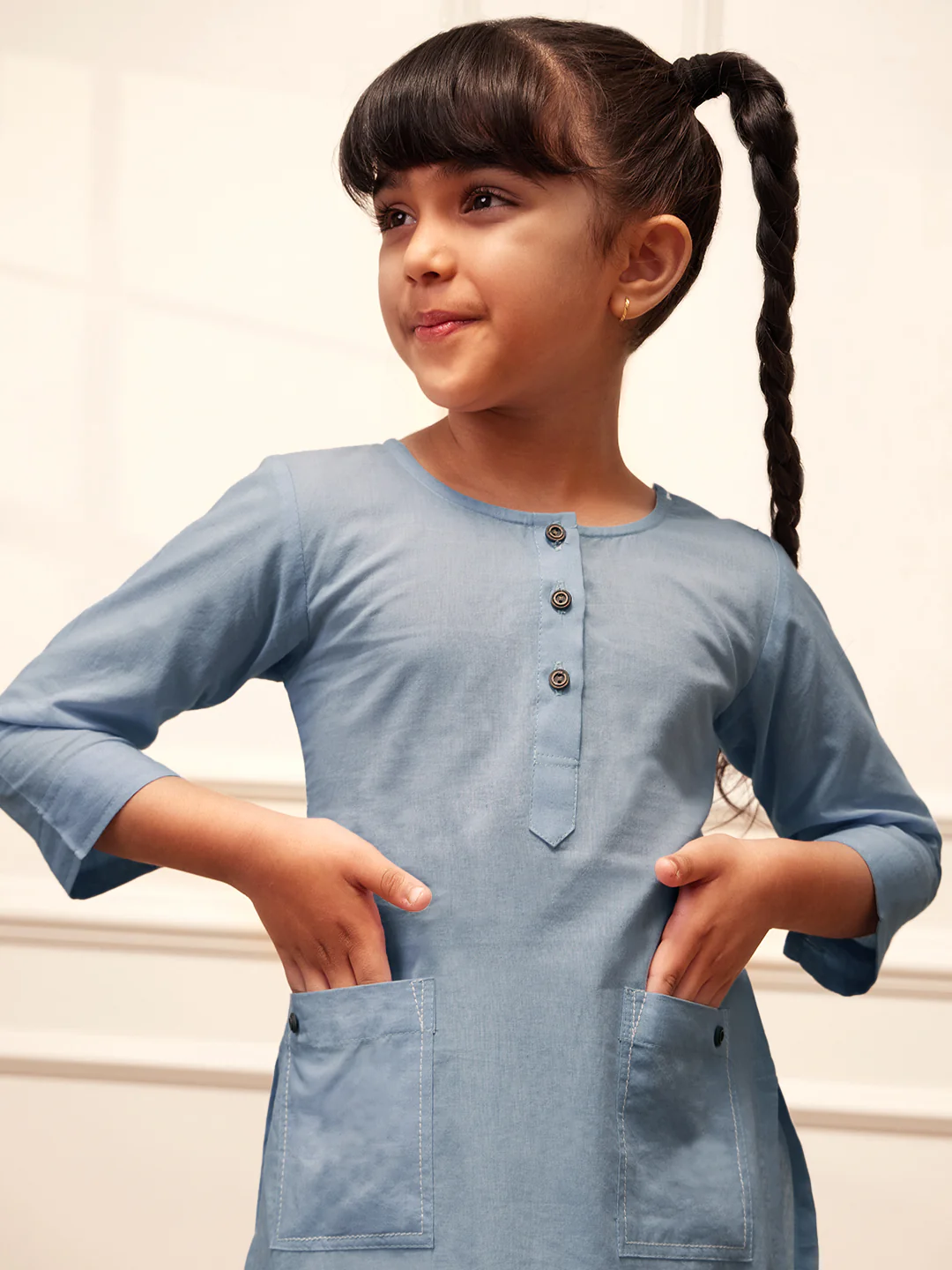 Girl's Aqua Cotton Kurta Harem Pant Set - Image 2