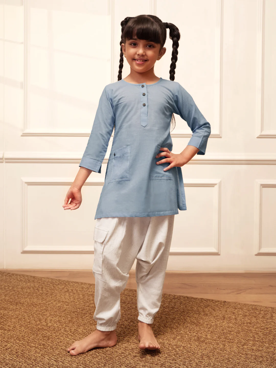 Girl's Aqua Cotton Kurta Harem Pant Set - Image 3