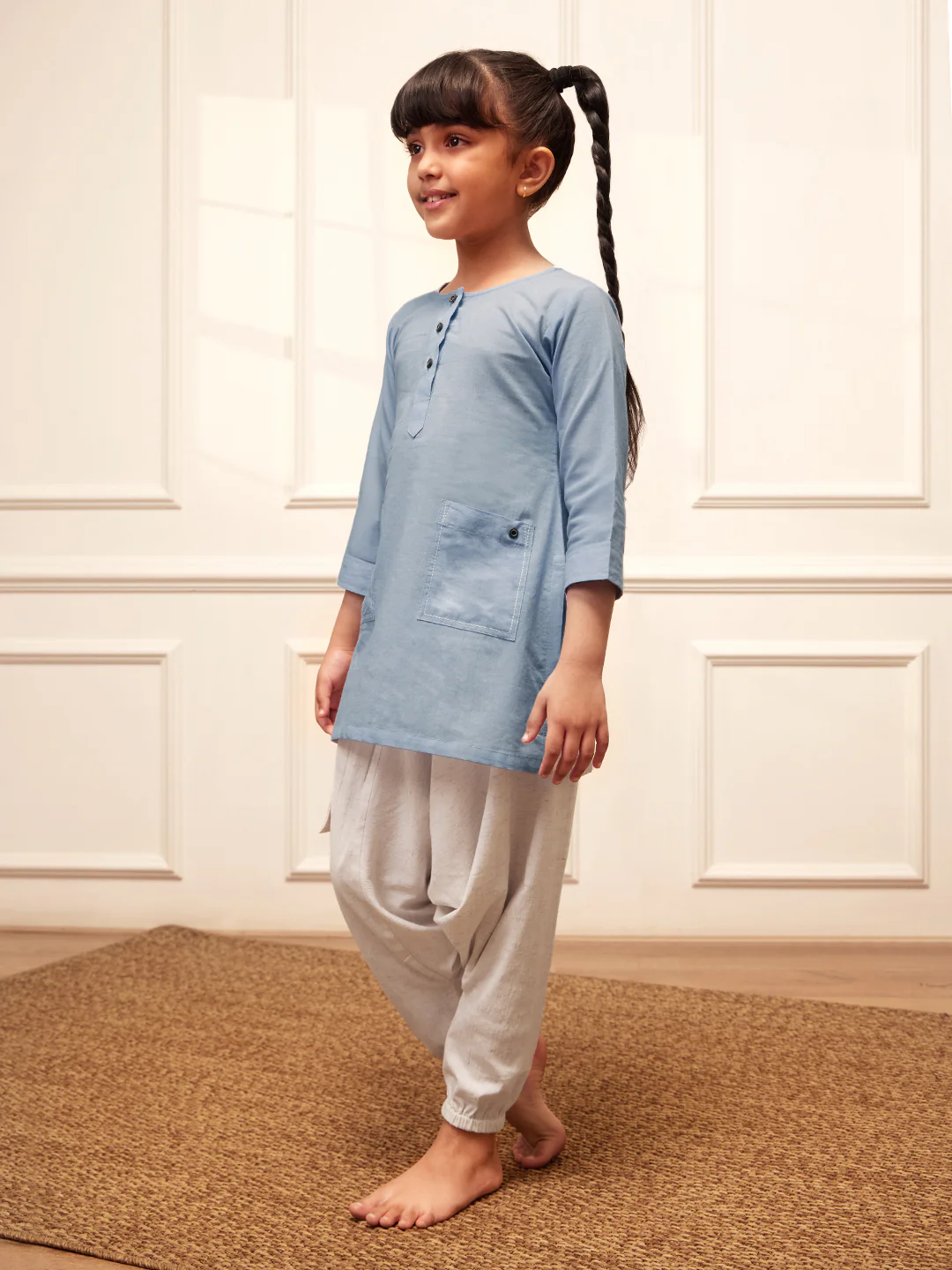 Girl's Aqua Cotton Kurta Harem Pant Set - Image 4