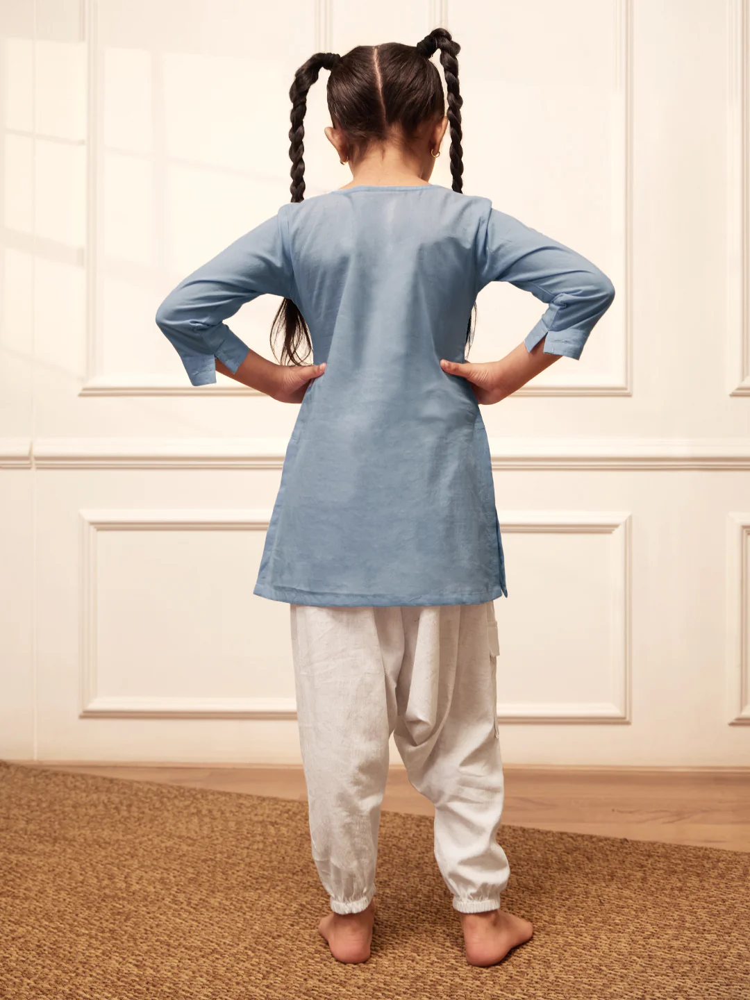 Girl's Aqua Cotton Kurta Harem Pant Set - Image 6